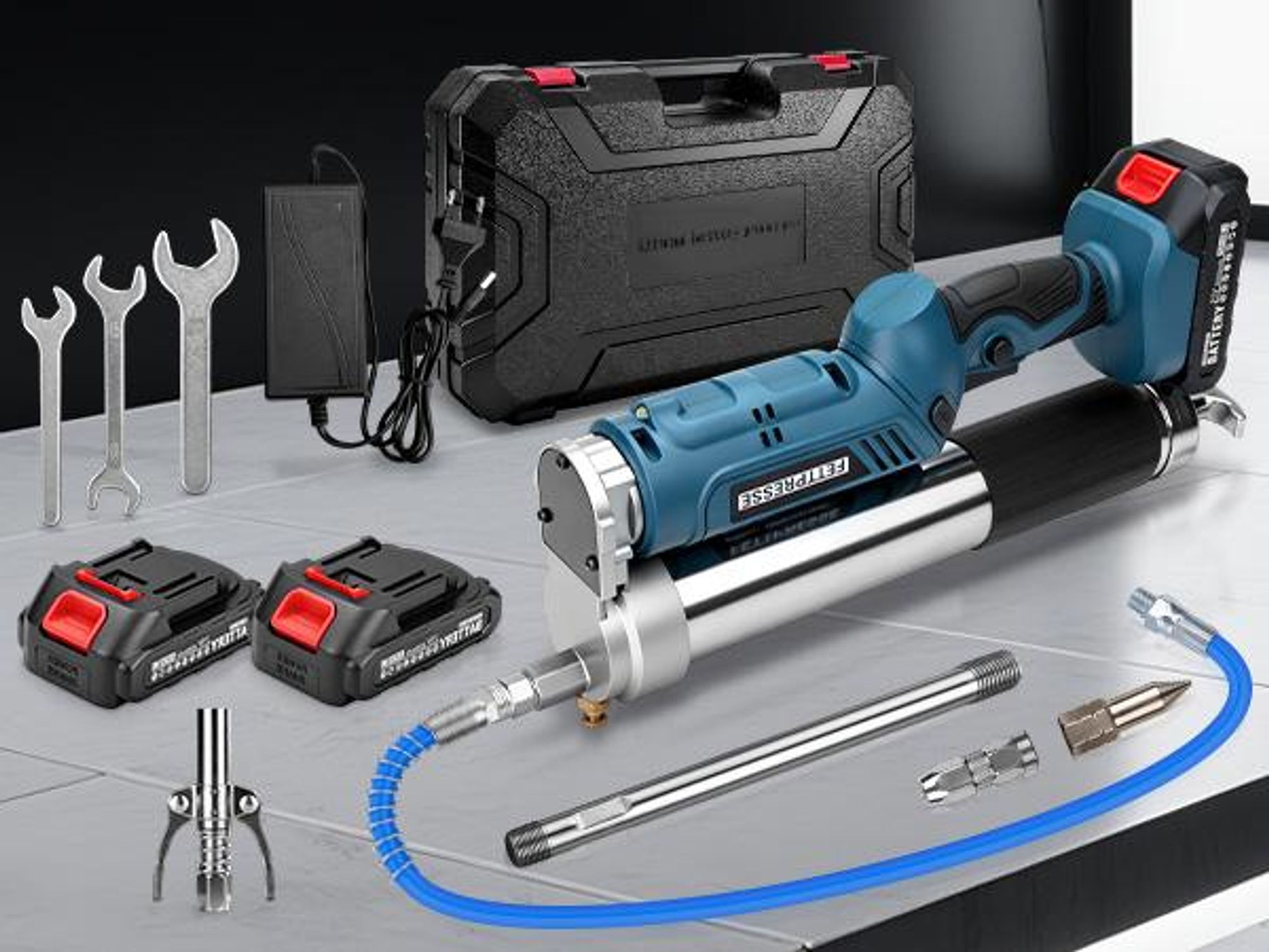 Akku Fettpresse 2-in-1 Elektrische Schmierpistole 12000 PSI mit 2 Akkus, 3 Düsen, Bürstenloser Motor, 100cm Flexschlauch, LED-Licht, 600g Kapazität