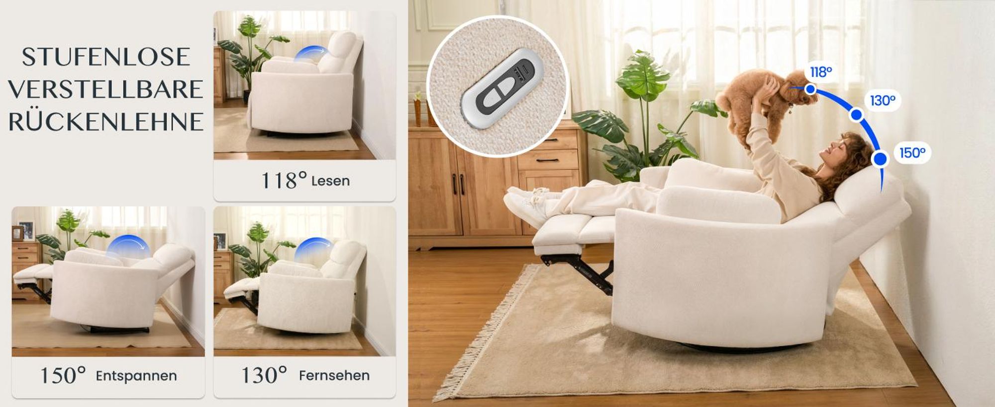 FLEXISPOT Mochi Pro Zero-Wall XXL Elektrischer Relaxsessel, 1,5-Sitzer mit 138 cm Sitzbreite, Fernsehsessel für Große&Schwere, Klemmschutz&USB-C,Beige