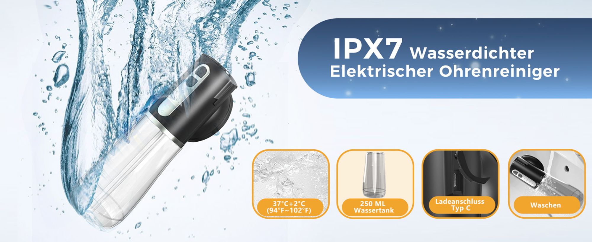 Electric Ear Cleaner Ohrenschmalz Entferner Elektrischer Ohrenreiniger mit 4 Druckmodi, 2-in-1 Wassertank Wiederaufladbarer Ohrenreiniger, IPX7