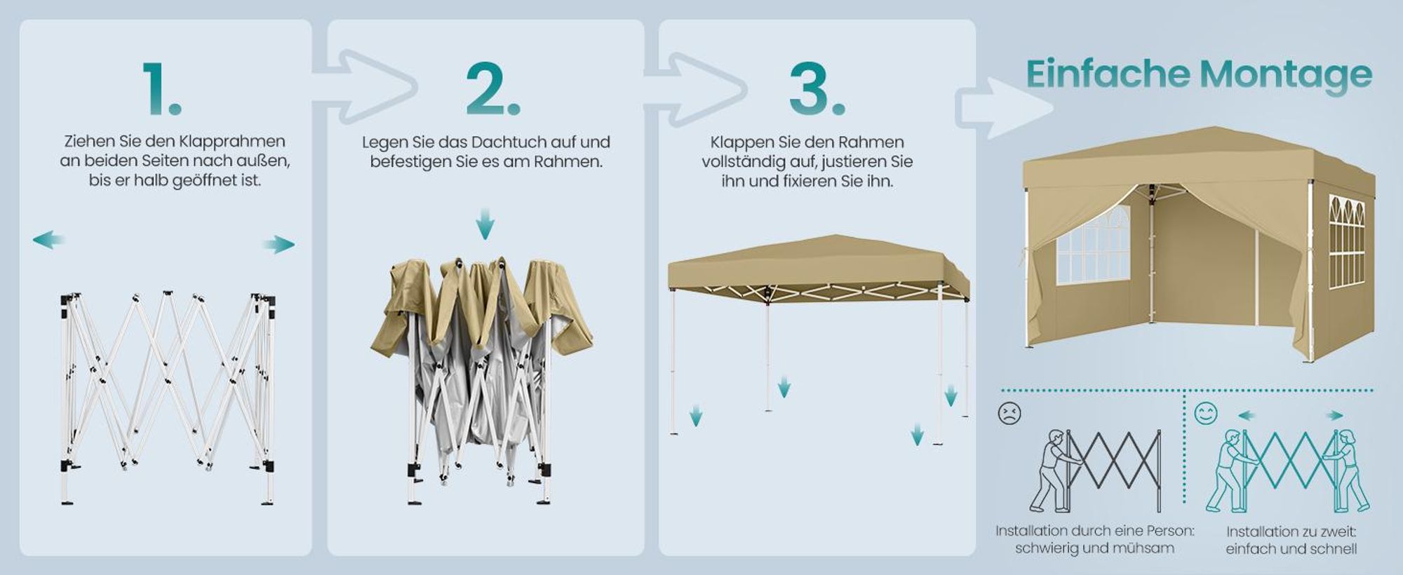 SONGMICS Faltzelt 3 x 3 m, mit Seitenwänden, stabil, tragbar, Pavillon für Garten, Hof, Markt, Sonnenschutz, beige