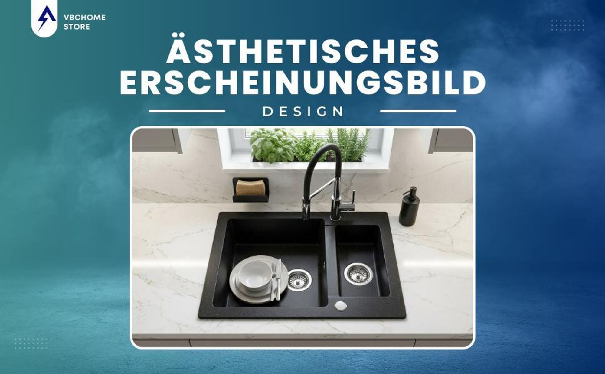 VBChome Spülbecken 60x50x20 cm Beige Granit 1,5 Becken Einbauspüle gesprenkelt Restebecken Siphon