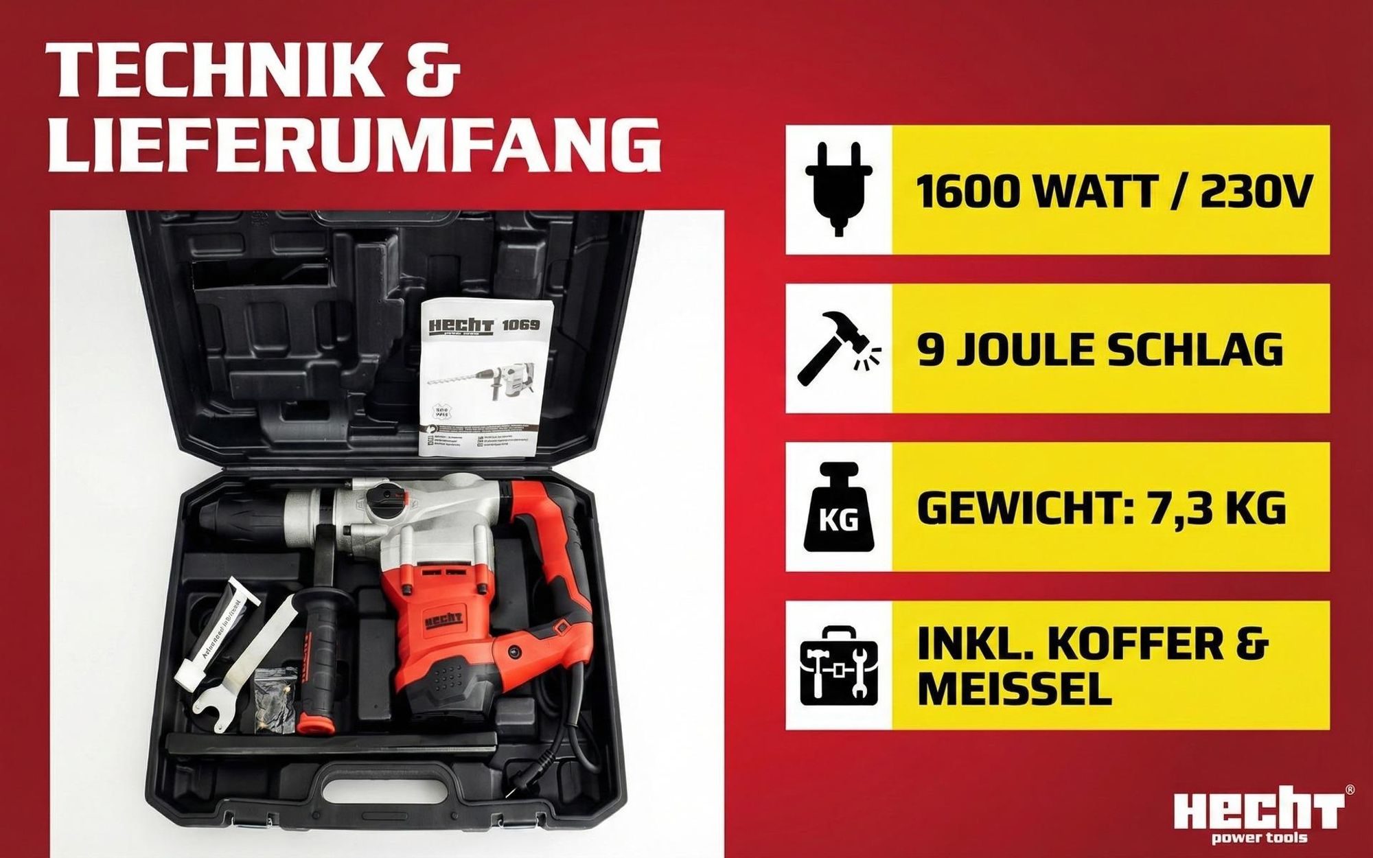HECHT 1069 Bohrhammer SDS-Max | 1600 W | mit Koffer | inklusive viel Zubehör