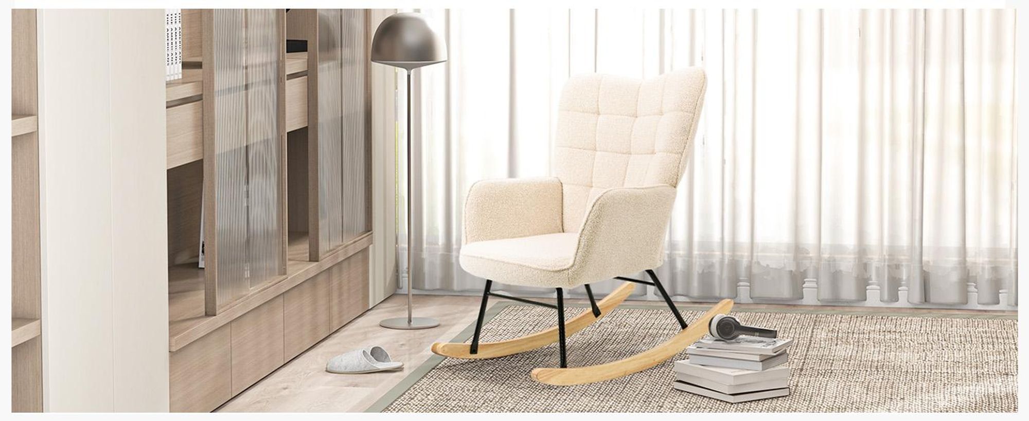 Fotel bujany HOMCOM, fotel relaksacyjny do 120 kg, poliester, beżowy