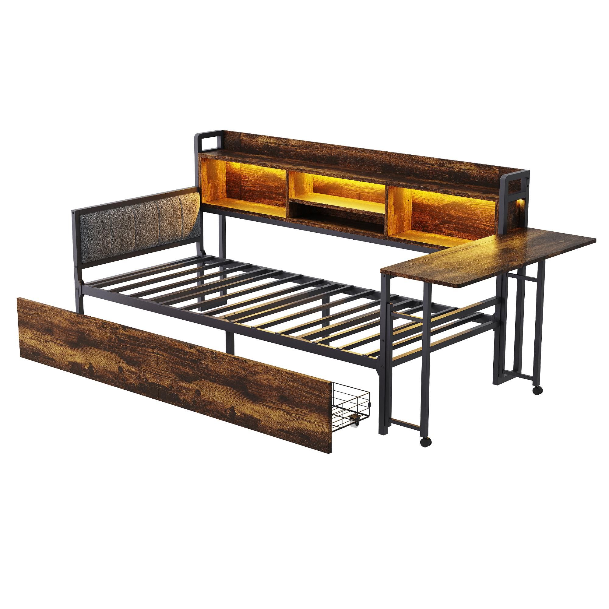 Merax Eisen Sofabett 90×200cm mit LED-Beleuchtung und Steckdose, Tagesbett mit Schubladen und ausziehbarem Schreibtisch, Stauraum & Rückenlehne, Natur