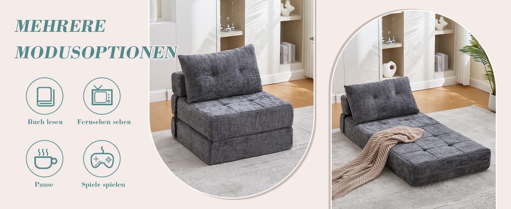 LVHOM Klappsofa-Bett Multifunktion, Platzsparendes Gästebett mit Kissen, Polstersofa mit hochdichten Schaum, für Wohnzimmer Büro, Schwarz
