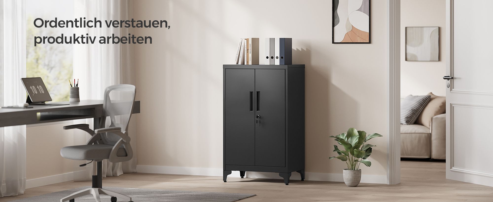SONGMICS Aktenschrank, Mehrzweckschrank, Büroschrank mit 2 Türen, Schrank abschließbar, aus Stahl Schwarz