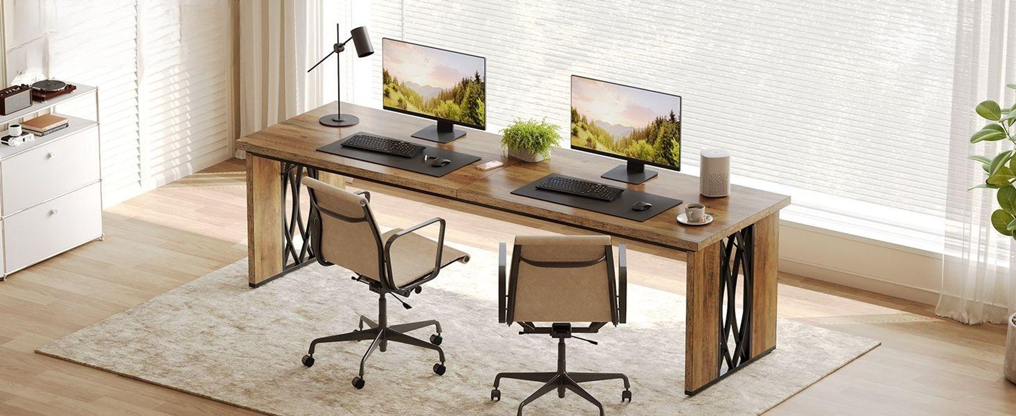 Tribesigns Schreibtisch Computertisch, 200 x 70 x 76 cm Doppelter Langer Schreibtisch, PC Tisch ndustrie-Design Konferenztisch für Home Office, Braun