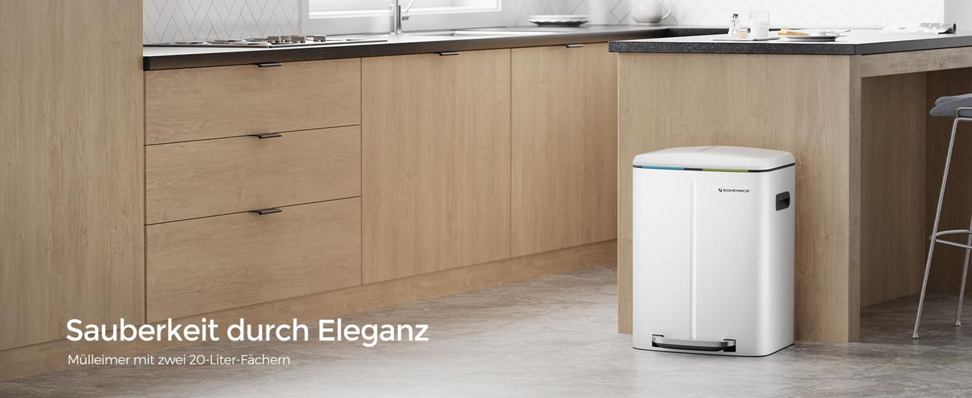 SONGMICS Mülleimer Küche, Treteimer, 2 x 20 L, Mülltrennsystem 2 Fächer, Weiß