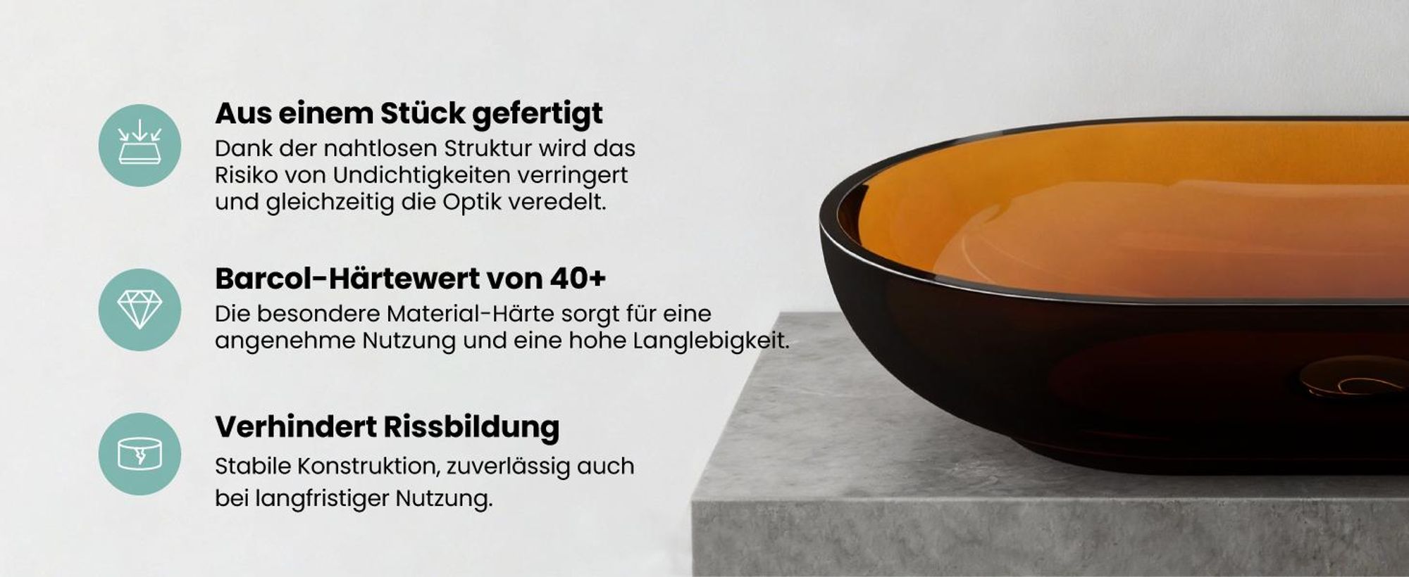 Mai & Mai Waschbecken Aufsatzwaschbecken aus Kunstharz Waschschale Handwaschbecken Oval 54x34x10,5cm in Bernstein ohne Hahnloch und Überlauf Coloria03