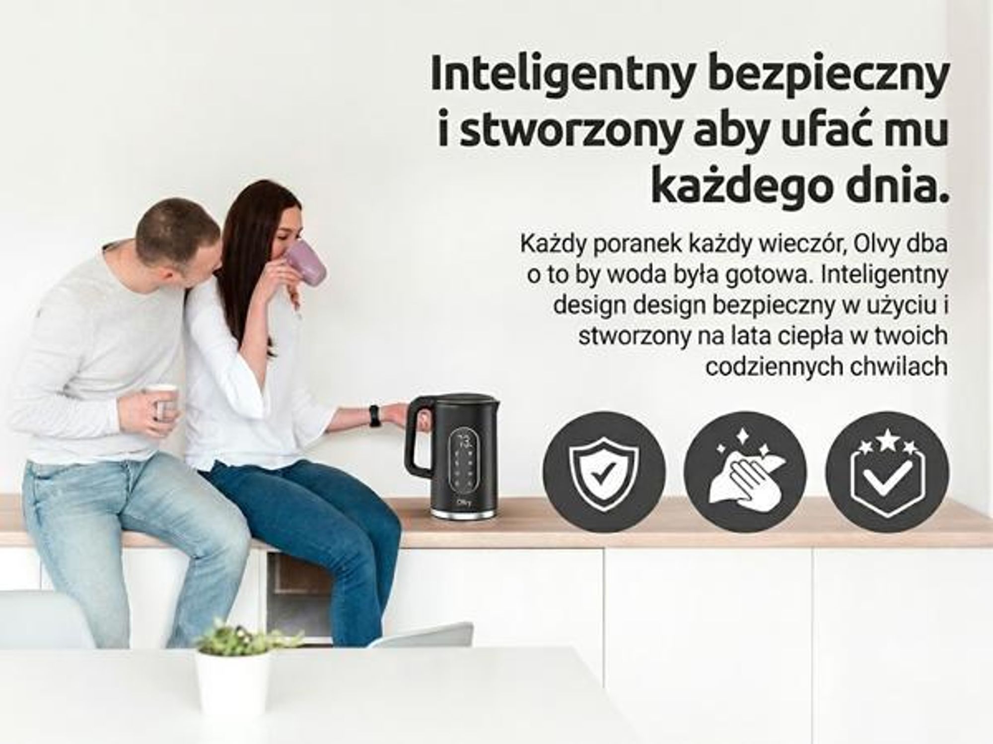Czajnik Olvy z ustawieniem temperatury 1,7 l - wyświetlacz LCD, 2200 W, bez BPA, funkcja utrzymywania ciepła, filtr antywapienny, wybór temperatury 40-100°, stal nierdzewna