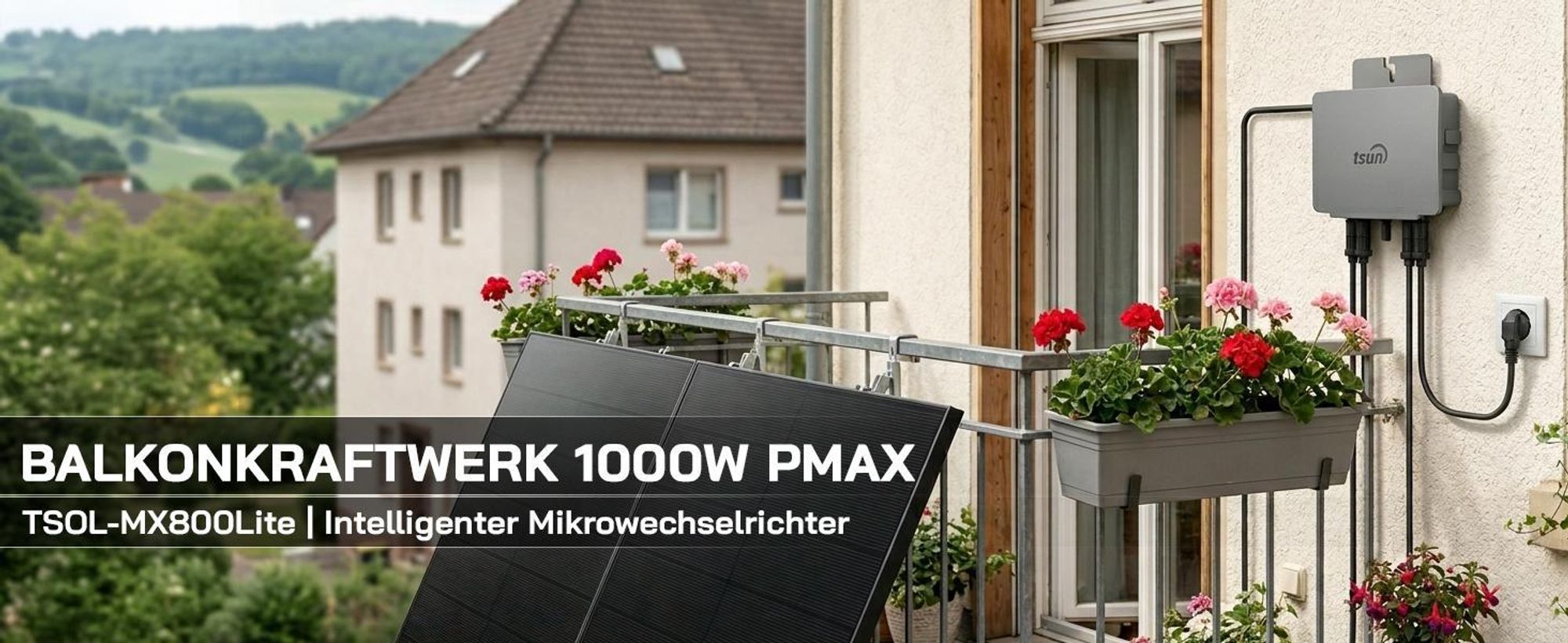 SUNNIVA® 1000W Balkonkraftwerk BIFAZIAL FULLBLACK komplett Steckdose TSUN 800 Watt Wechselrichter, Komplettset 2x 500W PV Solaranlage Solarmodule