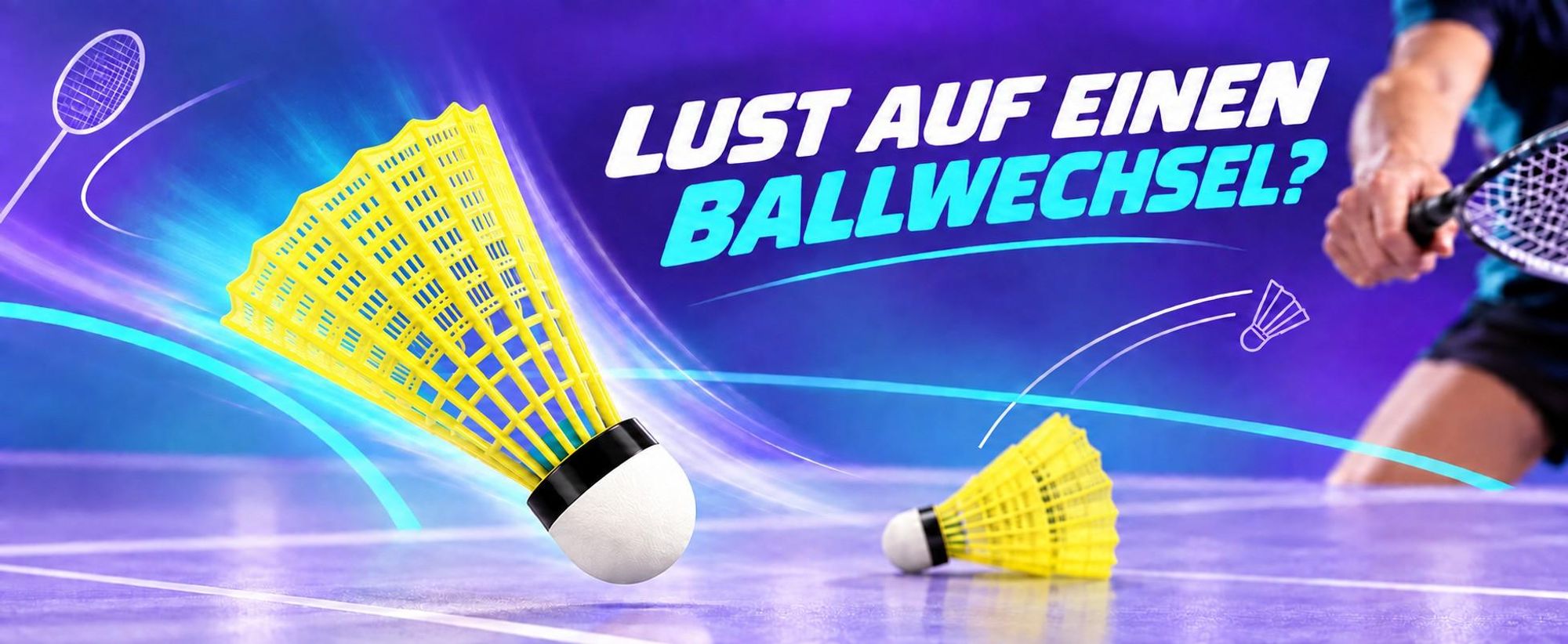 Gelber TK Federball mit Kunststoffkorb, schwarzem Ring und weißem Kopf
