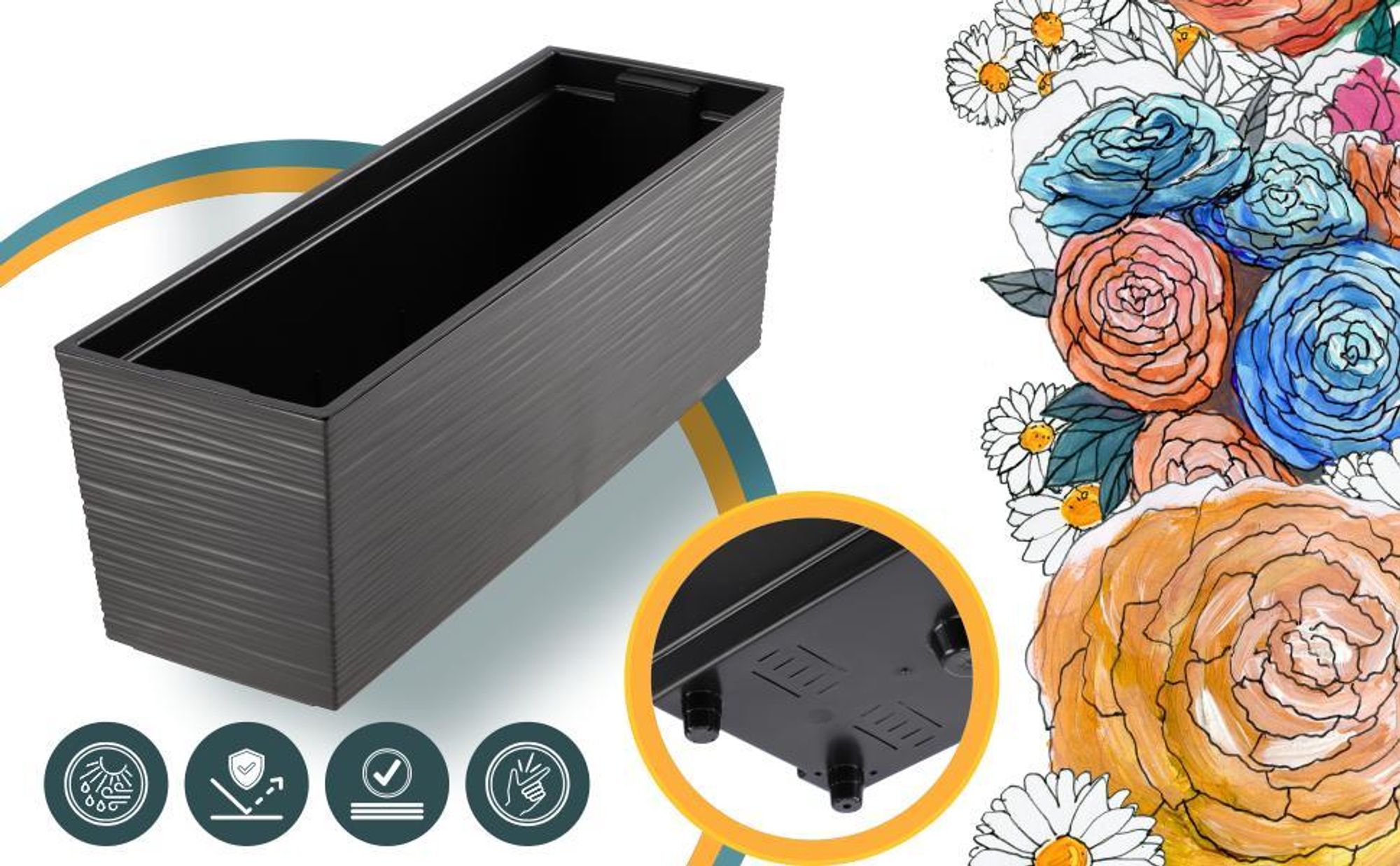 KADAX Blumentopf mit Einsatz "Treviso", 56 cm, Blumenkübel Outdoor, Ritzmuster, Grafit