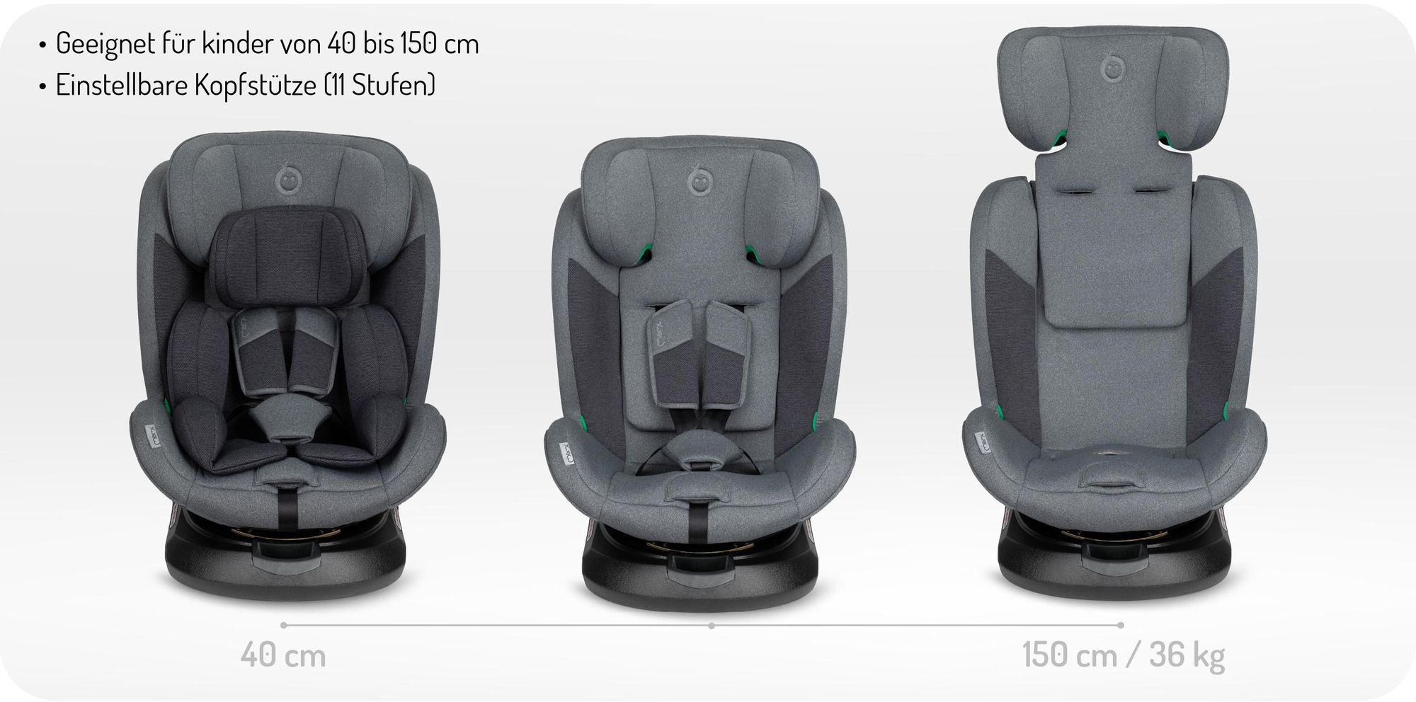 MoMi EMI – i-Size Kindersitz 40–150 cm (0–36 kg), 360° drehbar, ab Geburt rückwärts & vorwärts nutzbar, mit ISOFIX & Top Tether – Grau