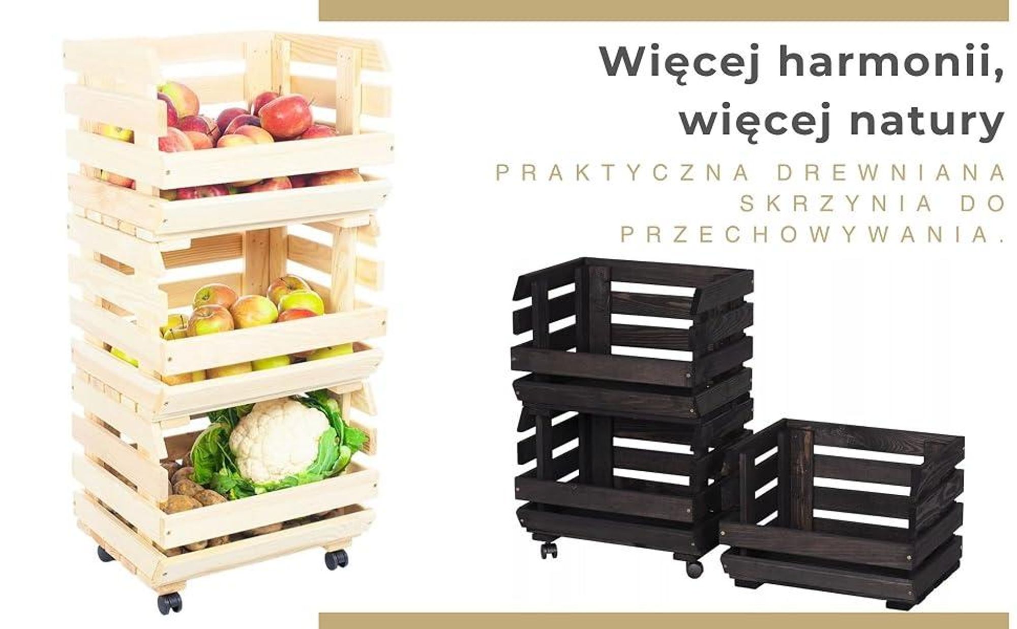 STOLMAK Drewniana Skrzynka na Owoce na Kółkach 37x79x30 cm Regał na Warzywa i Ziemniaki 3 Poziomy