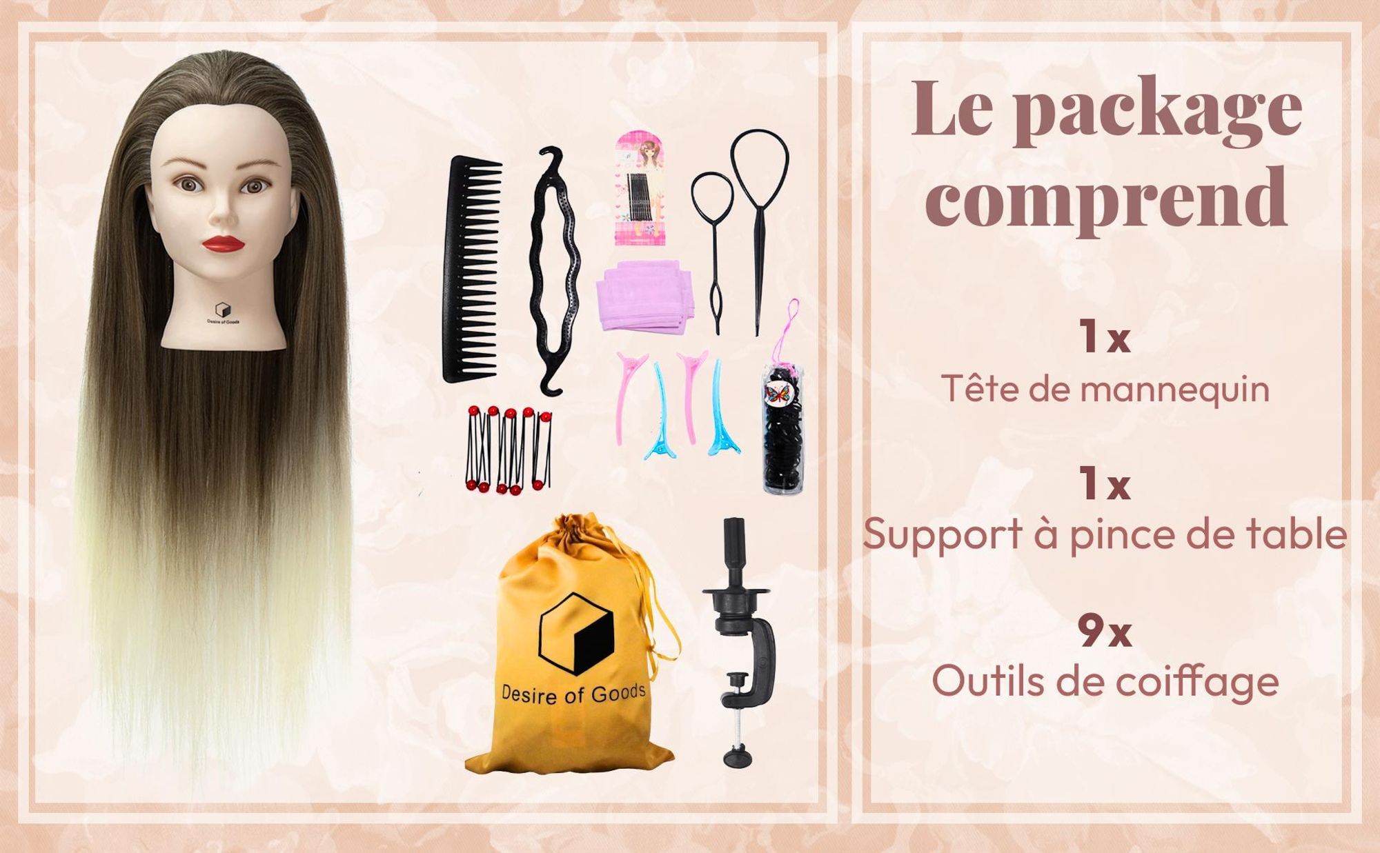 Desire of Goods Tête d'entraînement pour coiffure – Ombre – Avec accessoires de coiffage et pince de table – 70 cm