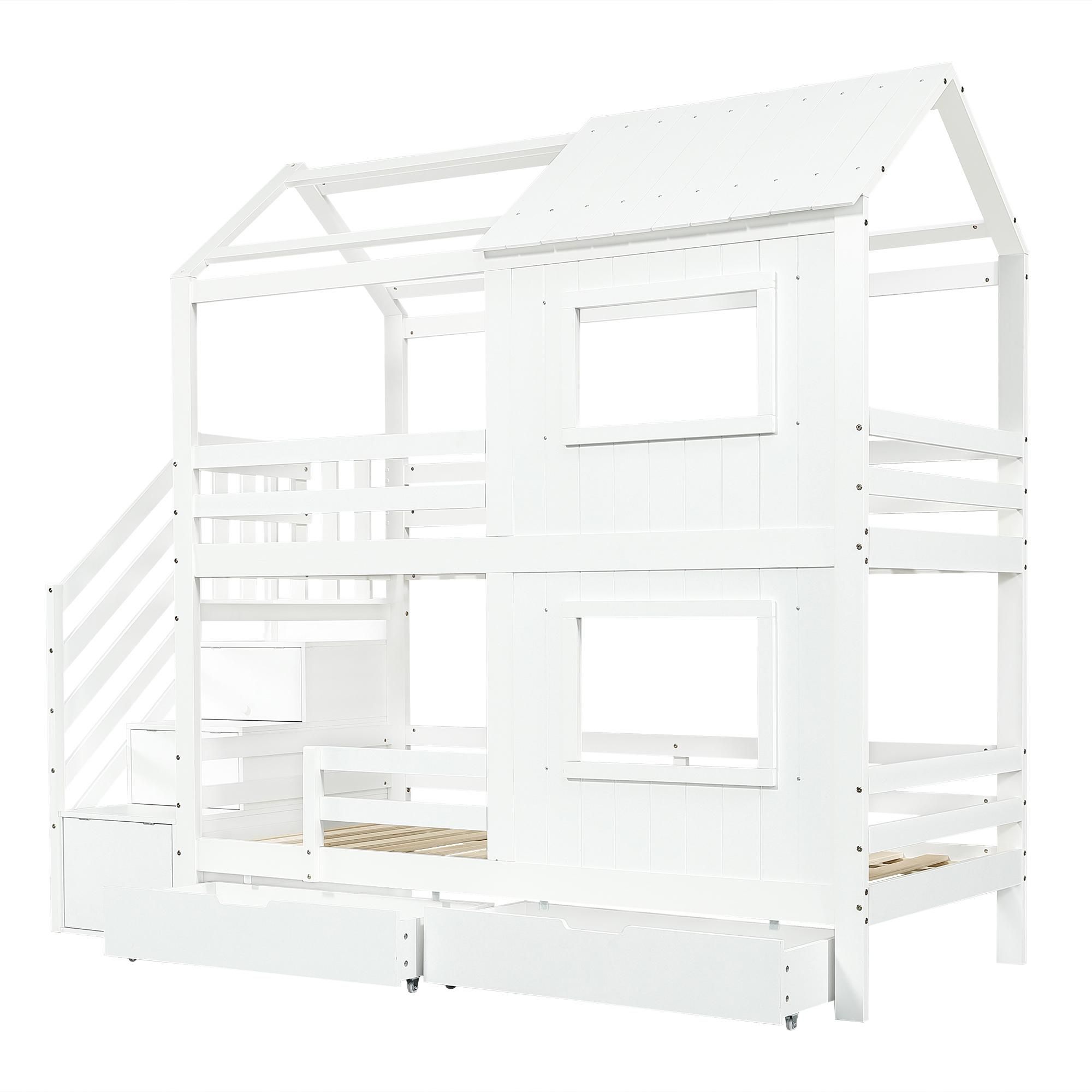 Flieks Etagenbett 90x200cm mit 2 Schubladen, Kinderbett Hausbett mit Fenster und Rausfallschutz, Hochbett Einzelbett 2 Kinder, Weiß