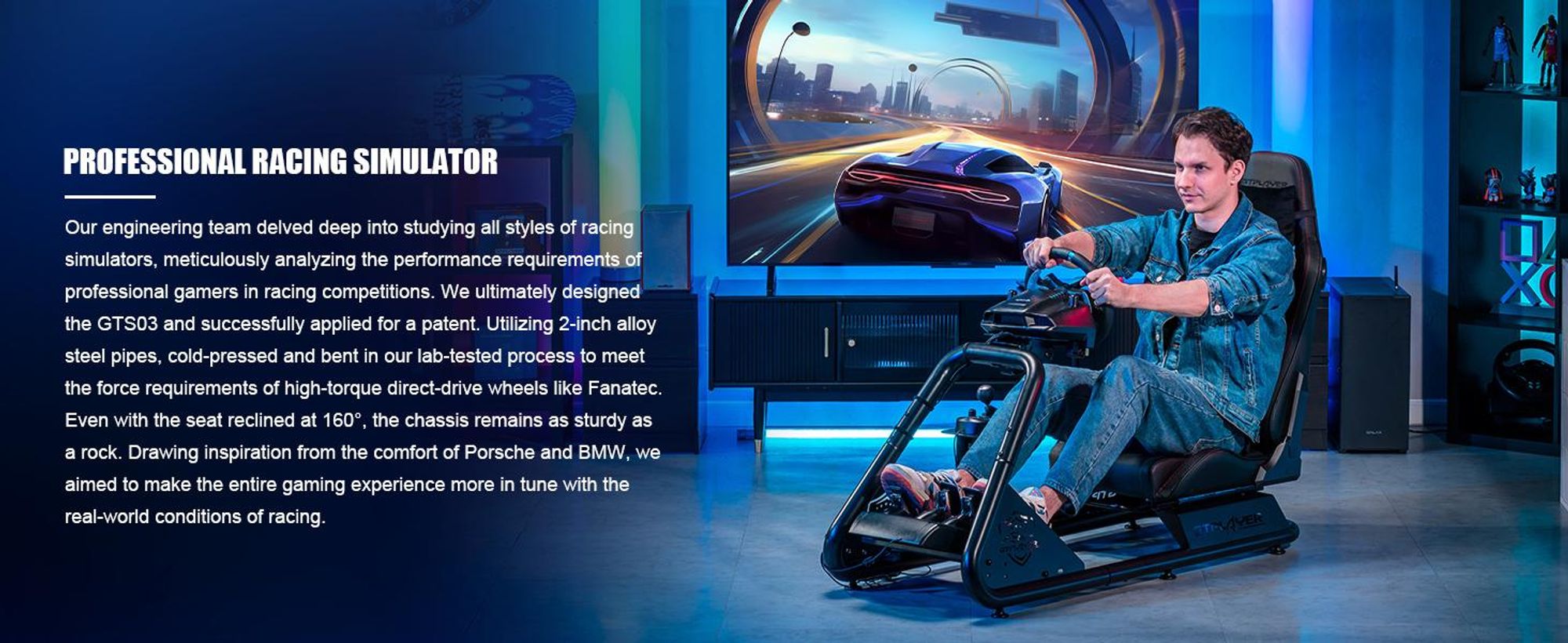GTPLAYER racecockpit simulator, racecockpit SIM, standaard voor stuurwiel van race-simulator. Standaard voor race-stuurwiel en gamingstoel met Bluetooth-luidspreker