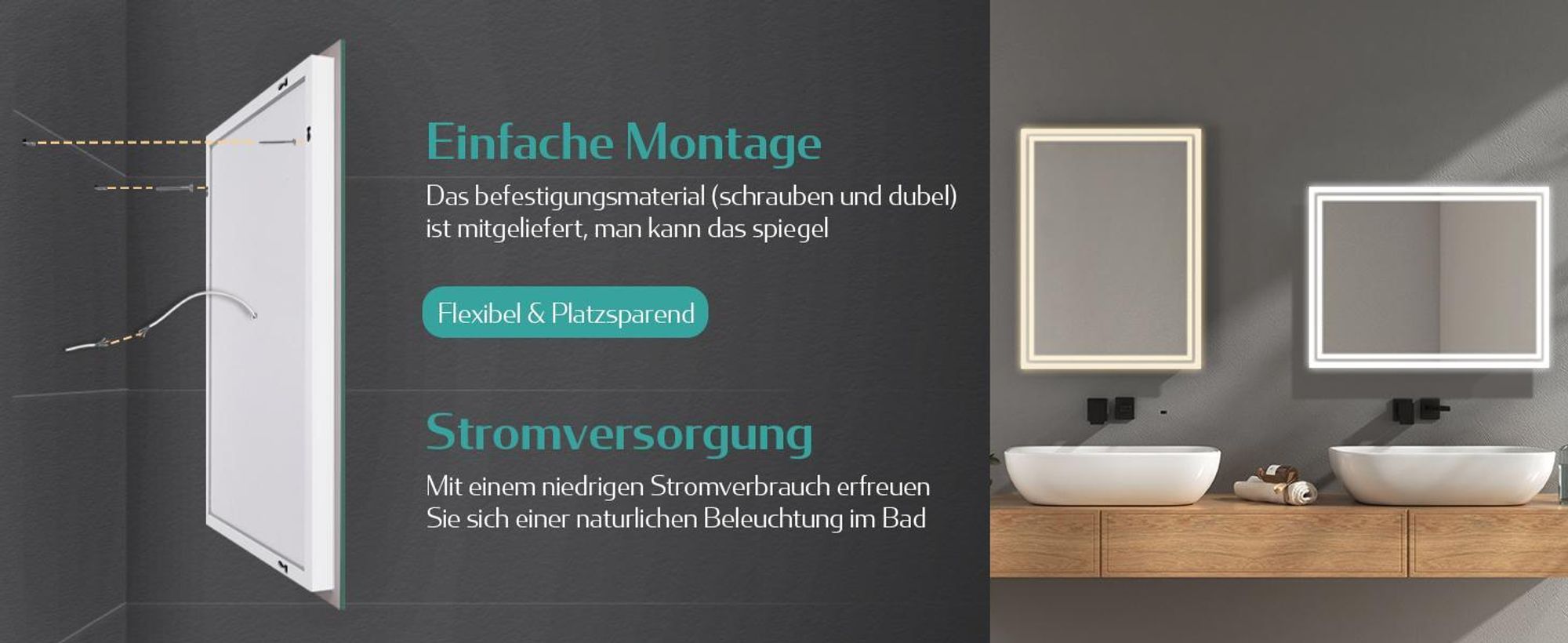 EMKE LED Badspiegel mit Beleuchtung 40X60 cm Antibeschlag, Wandspiegel Badezimmerspiegel mit mechanischem Schalter, 3000K/6500K Lichtfarben, IP44