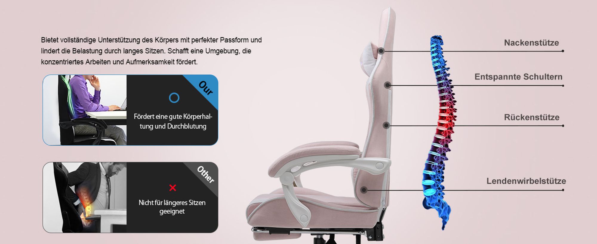 GTPLAYER Bürostuhl Gaming Stuhl Stoff Gaming Sessel Ergonomischer Gamer Stuhl mit Fußstütze, Kopfstütze Lendenkissen, Gepolstert Gaming Chair, rosa
