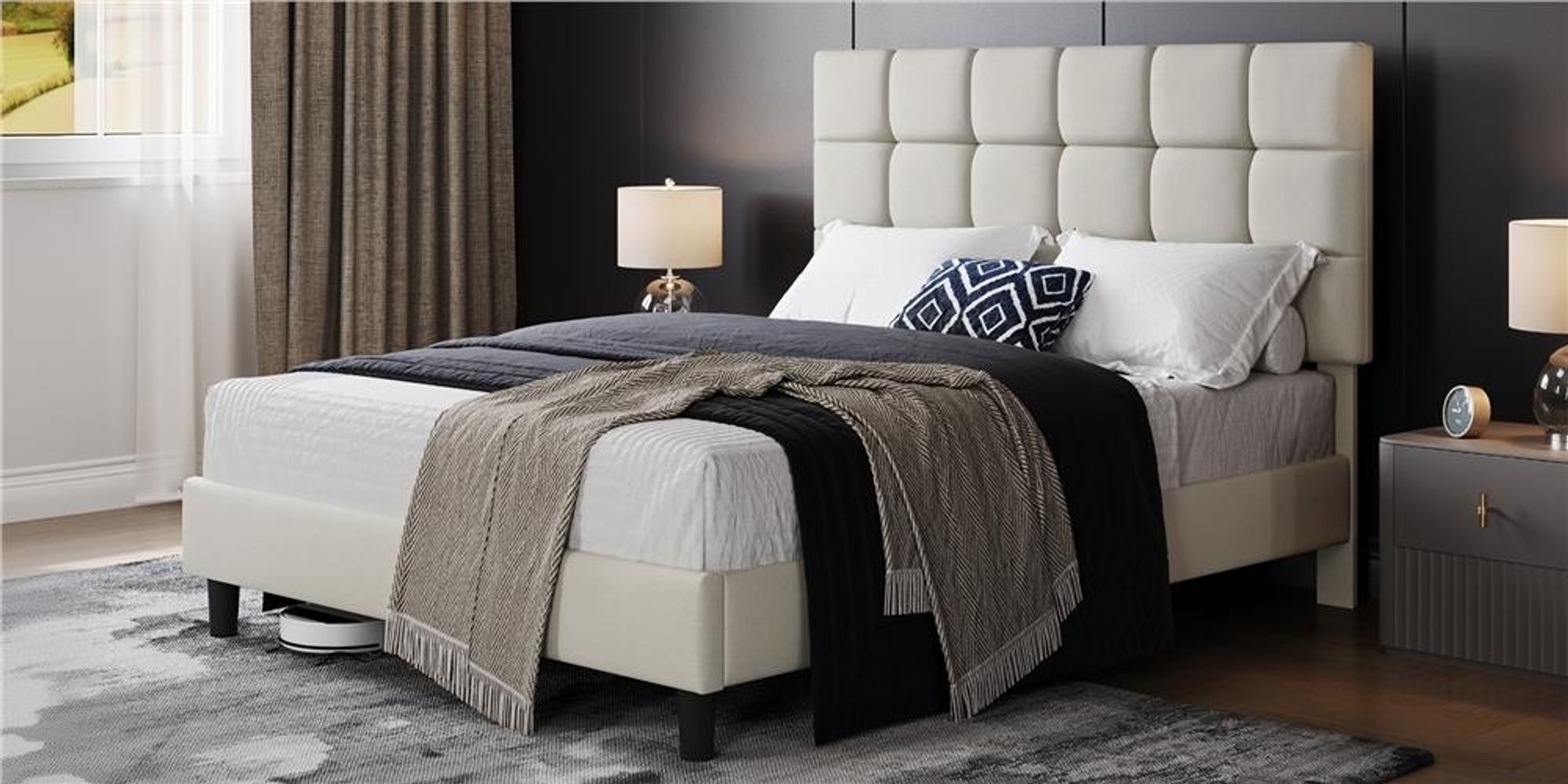 Yaheetech Polsterbett 160 x 200 cm, Doppelbett mit höhenverstellbarem Kopfteil, Bettrahmen Bettgestell mit Lattenrost, Beige