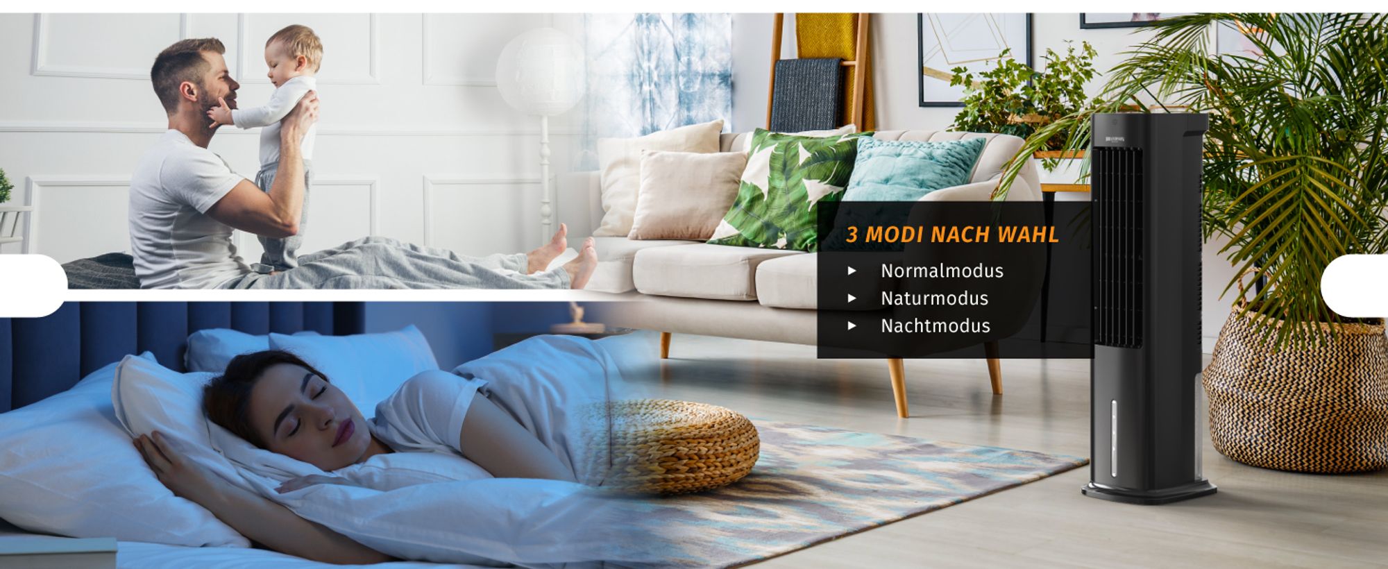 Luftkühler im Wohnzimmer, daneben Szenen im Familienalltag und beim Schlafen
