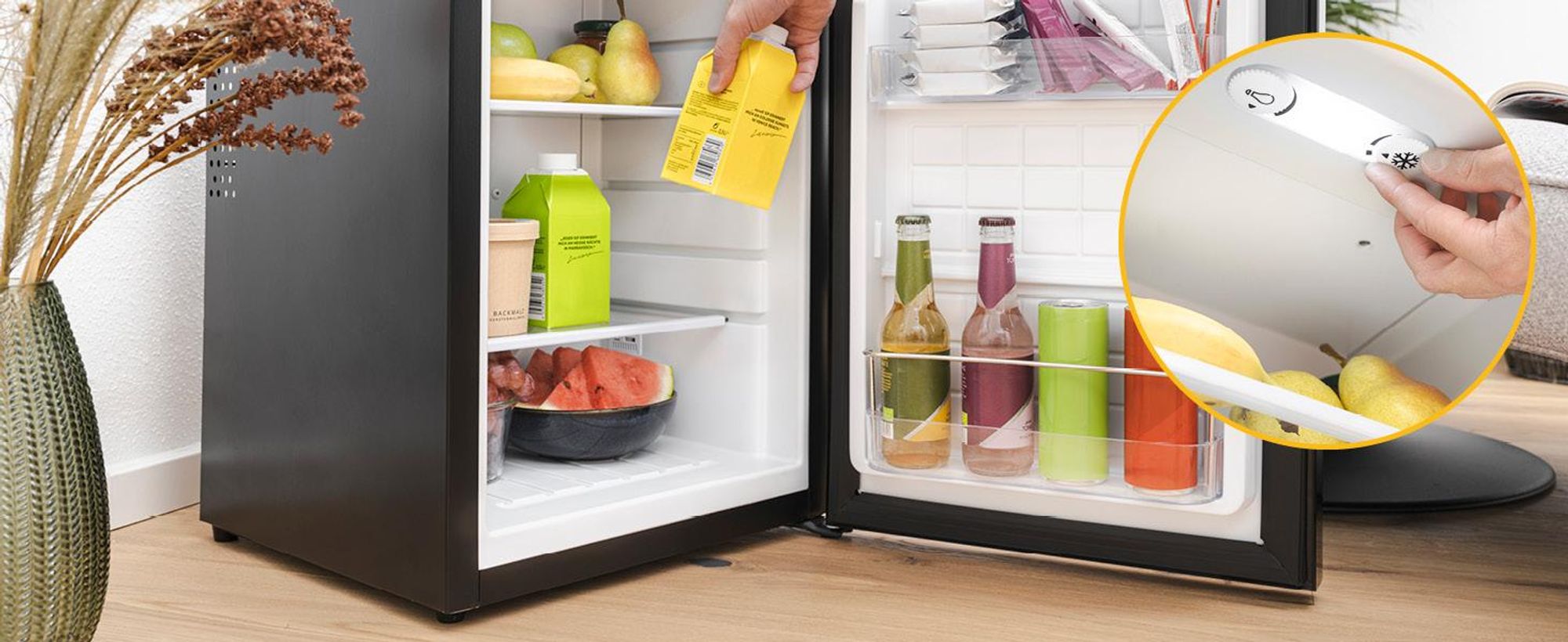 TZS First Austria - Mini Kühlschrank 40L lautlos & - Kleiner Minikühlschrank wechselbarer Türanschlag & Innenbeleuchtung - Minibar für Camping, Büro, Schlafzimmer & Hotel - Glasfront