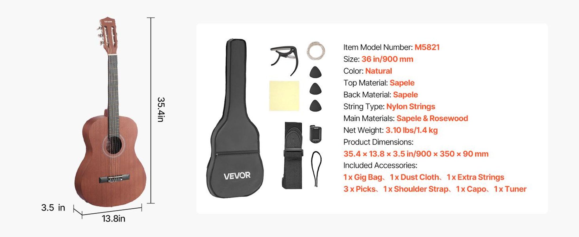 VEVOR Konzertgitarre, 900 mm, Holz Konzertgitarre Starter-Kit für Anfänger, mit Nylonsaiten, Gigbag, Gurt, Stimmgerät, zusätzliche Saiten, Plektren, Kapodaster, Sapele & Rosenholz, für Kinder Mädchen Jungen, Natur, 900 mm (36 inch), Natürlich