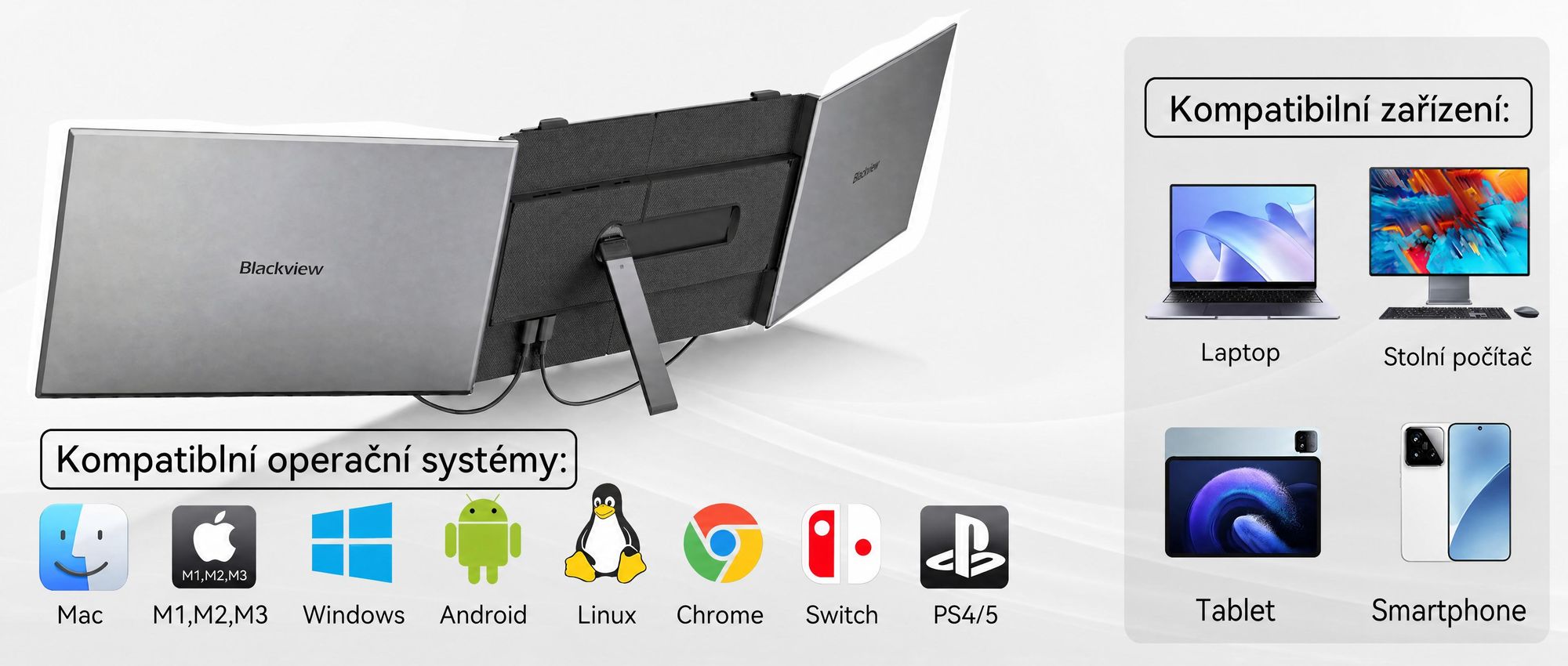 Blackview přenosný monitor DCM6 14", monitor pro notebooky s dvěma obrazovkami, ultratenký, FHD, pro notebooky 13,3"–17,3", otočný o 180°, pro Windows/Mac/Android