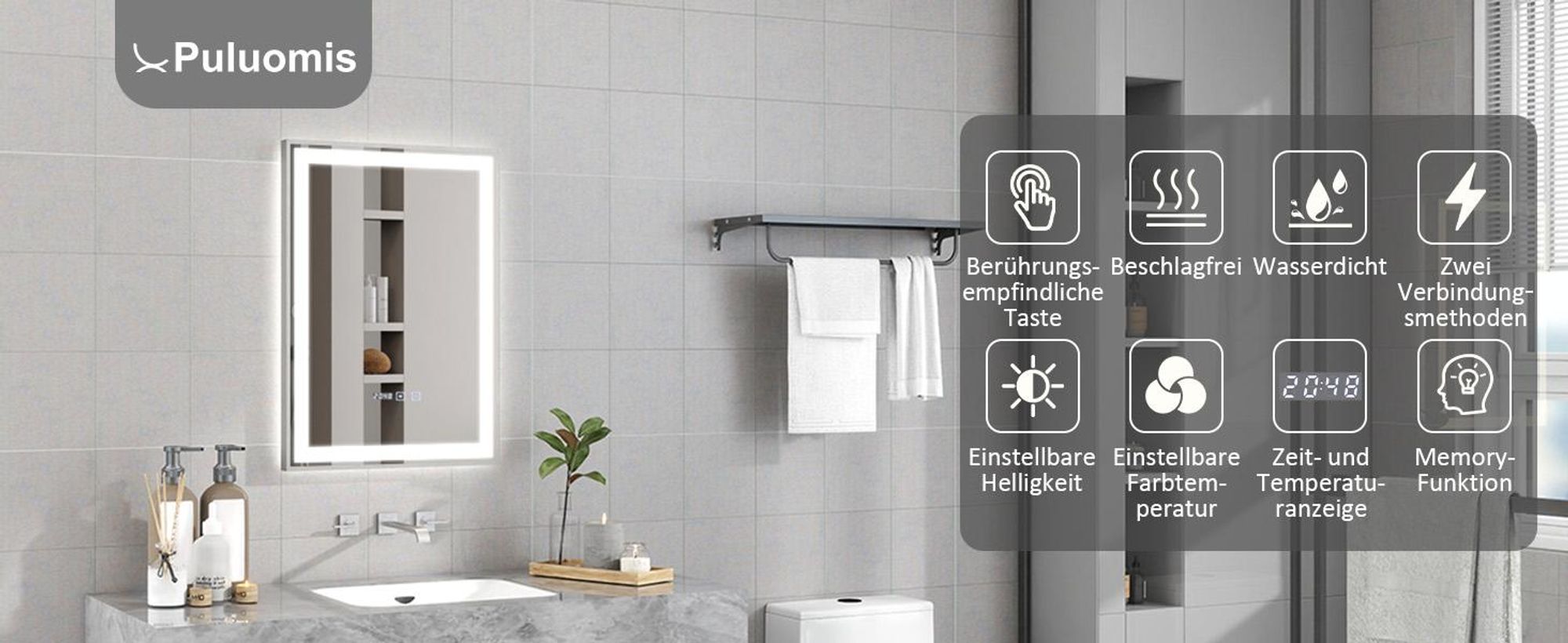 Puluomis Badspiegel 50x70 beschlagfrei mit 3 Farbe Beleuchtung, dimmbare Helligkeit, Badezimmerspiegel mit Digitaluhr, Temperatur silbern