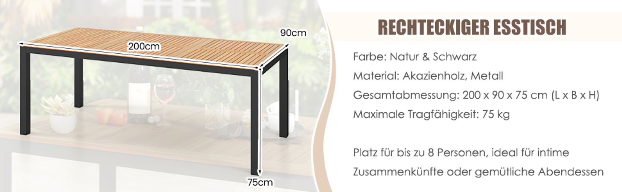 COSTWAY Gartentisch für 8 Personen Akazienholz, Garten Esstisch mit 5cm Schirmloch 200x90x75cm