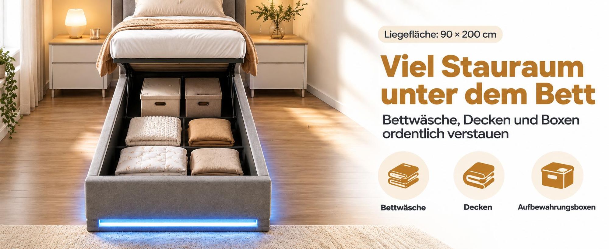 Polsterbett 90x200cm mit Stauraum, Jugendbett 90x200 cm, Bett mit Hydraulik Bettkasten, LED, USB, Kopfteil & Lattenrost, Velours Grau, ohne Matratze