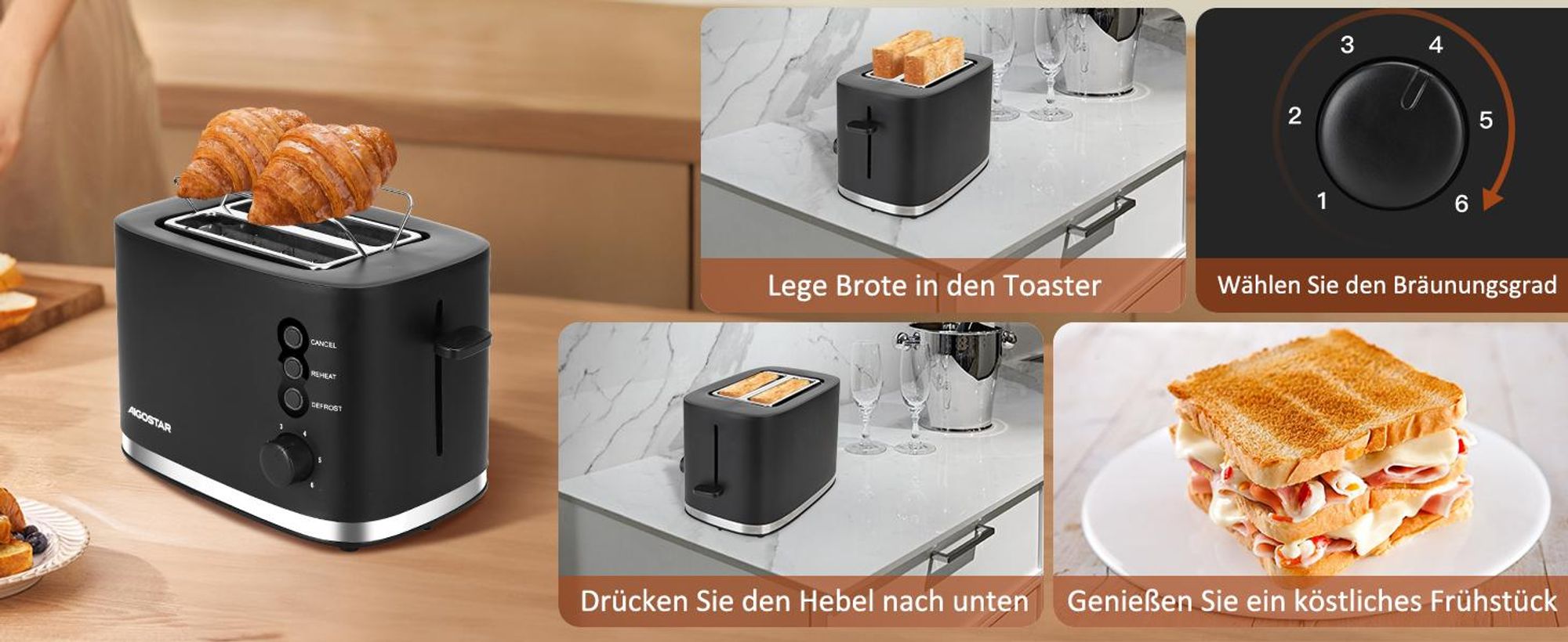 Aigostar - Toaster 2 Scheiben, extra breite Toastschlitze, 6 Bräunungsstufen,800W