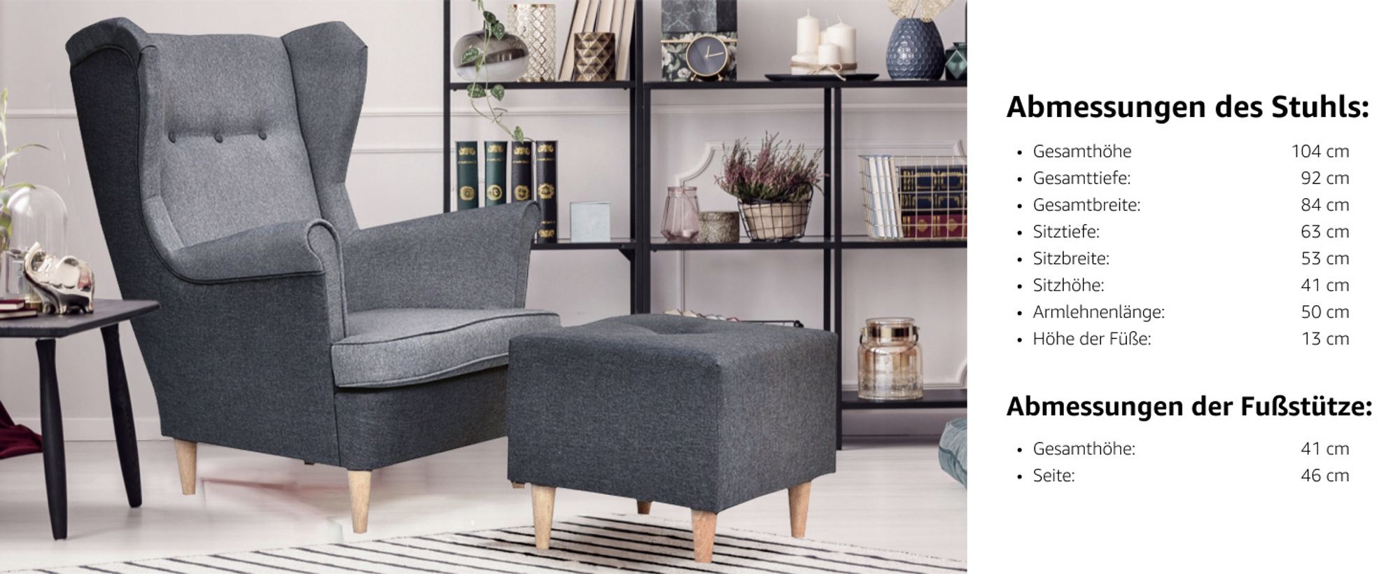 Family Meble Ohrensessel mit Hocker Ari Relaxsessel Skandinavisch Loungesessel Fernsehsessel Für Wohnzimmer Esszimmer Schlafzimmer Büro (TW 1078)