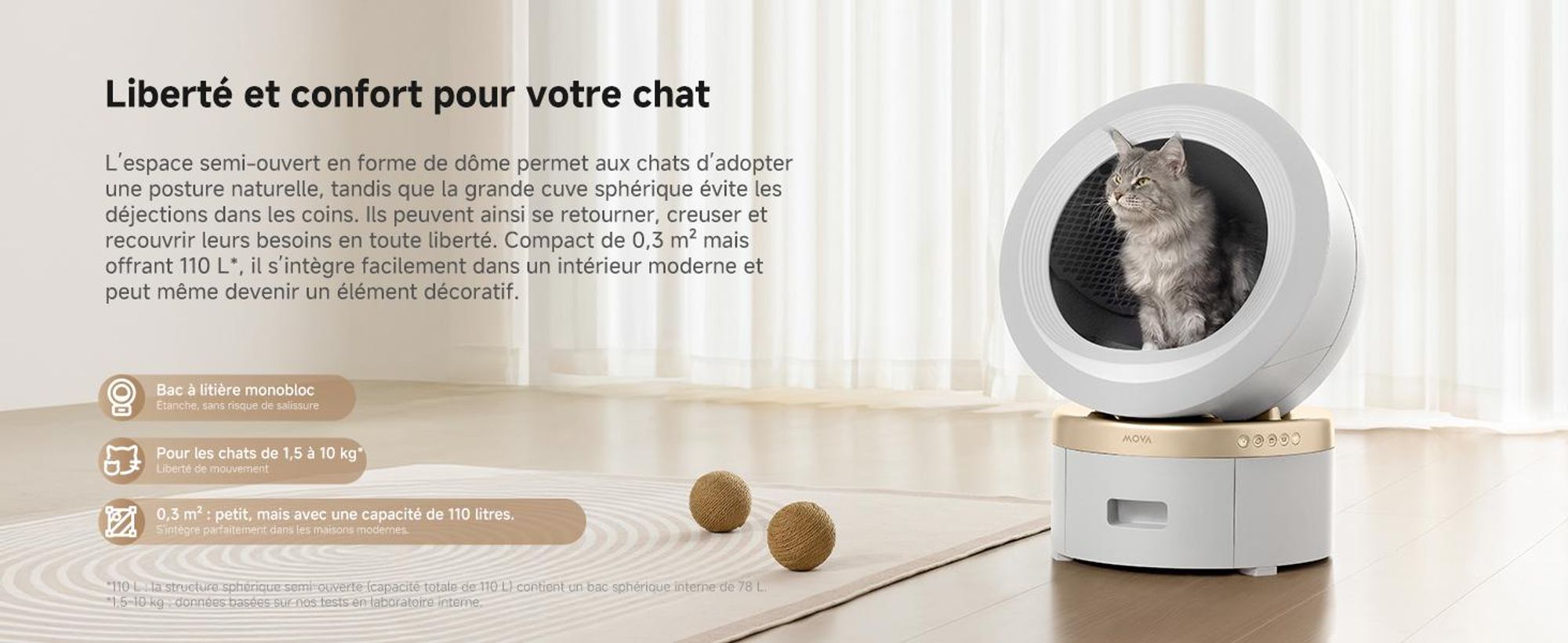 MOVA LR10 Prime Bac à litière automatique blanc, 110 L d’espace intérieur, jusqu’à 15 jours de nettoyage autonome, double système anti-odeurs, 12 disp