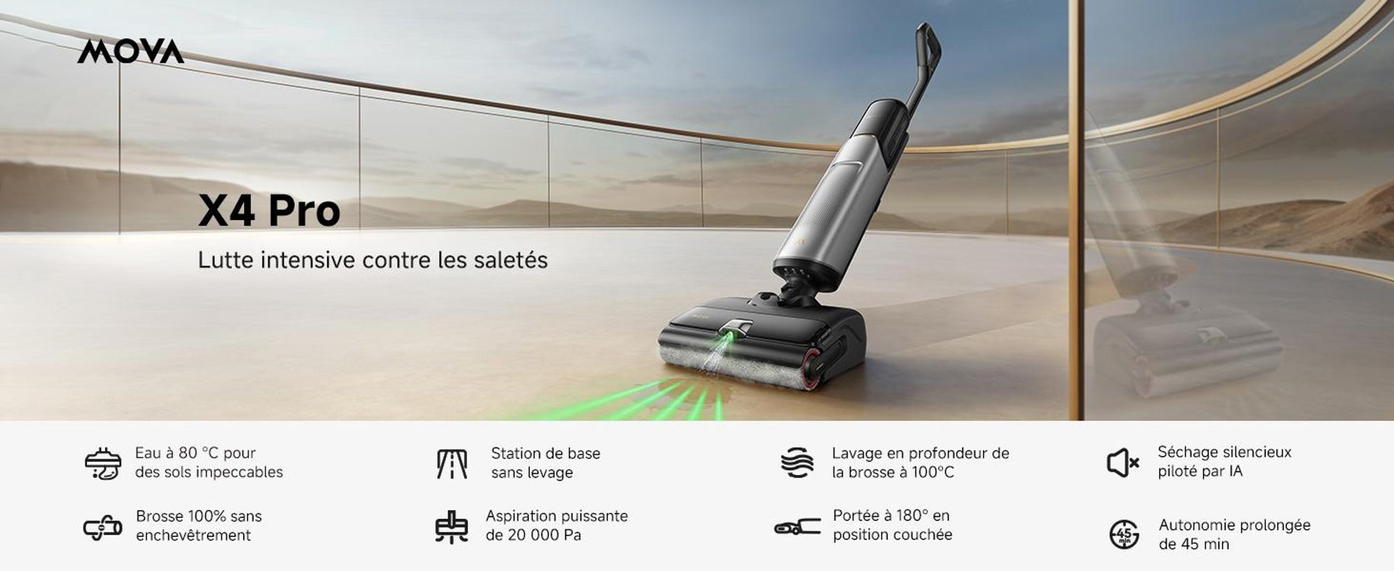 MOVA X4 Pro aspirateur balai sans fil, aspirateur laveur sec et humide 20 kPa, lavage eau chaude, auto-nettoyage 100 °C, brosse LED,  ajustement intel