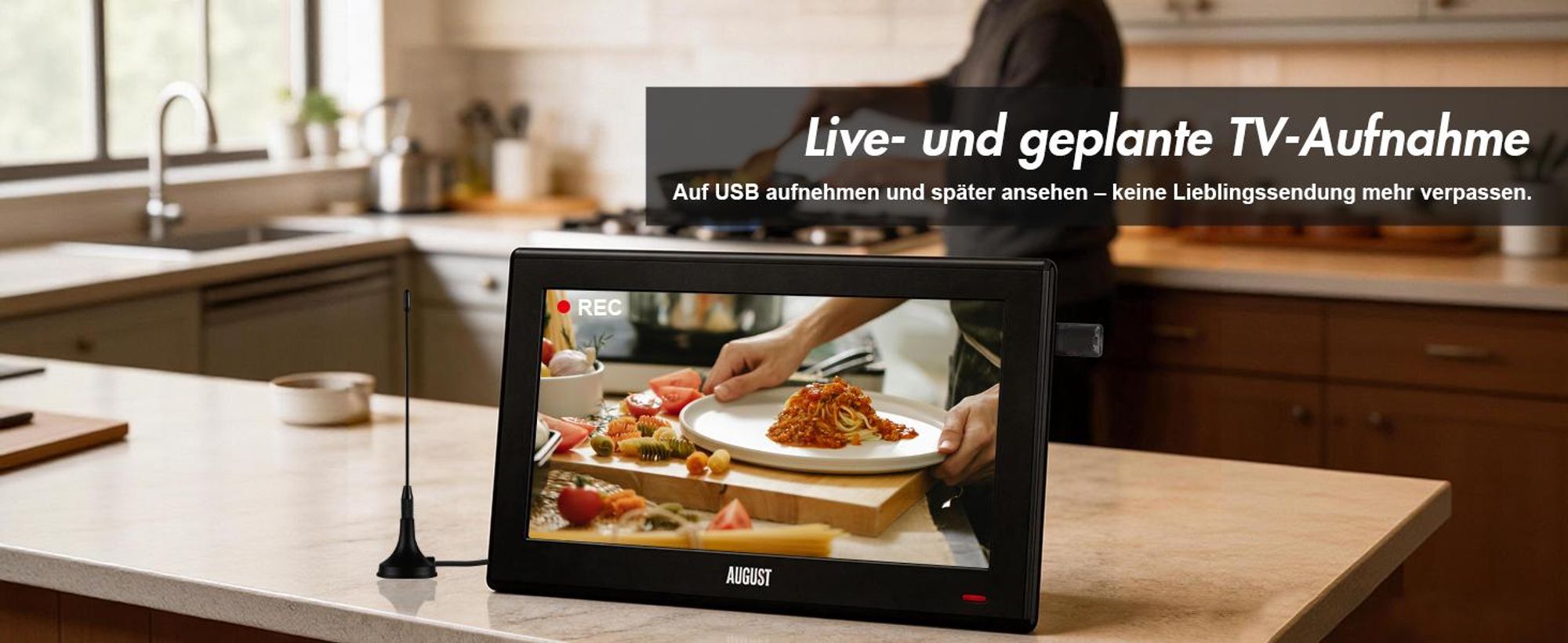 AUGUST LCDTV tragb. 10.1'' DVB-T2 USB MicroSD-Slot 1024x600dpi E sw DA100D
