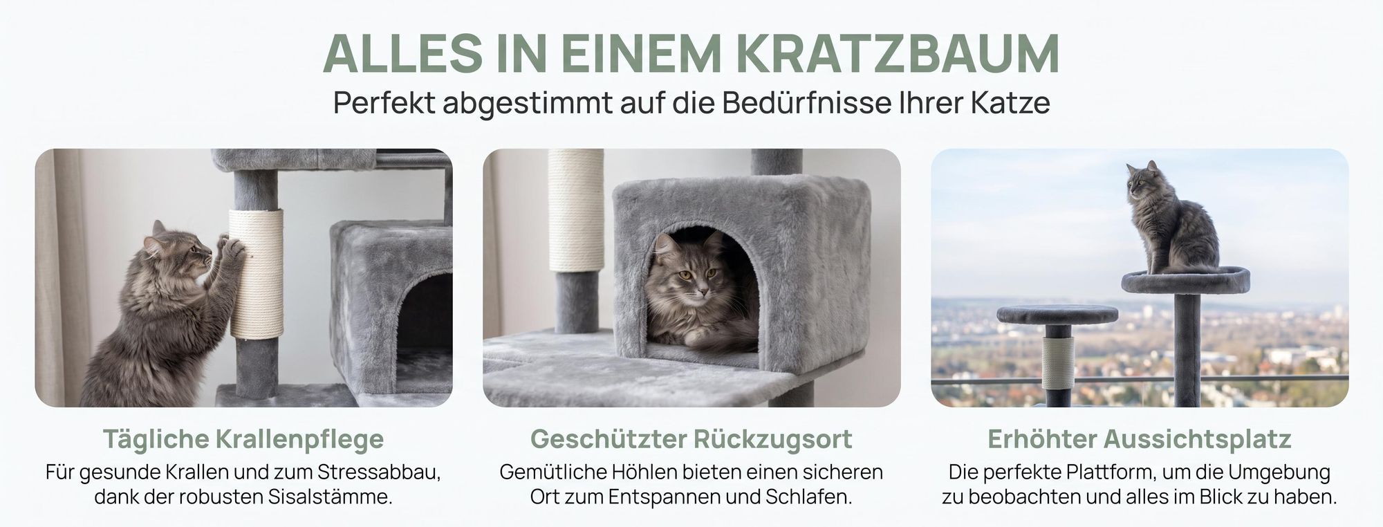 ROSEJANE Kratzbaum 130 cm für Katzen, Katzenbaum mit Sisal-Kratzsäulen, Katzenhöhle und Liegeflächen, Kletterturm für Wohnungskatzen