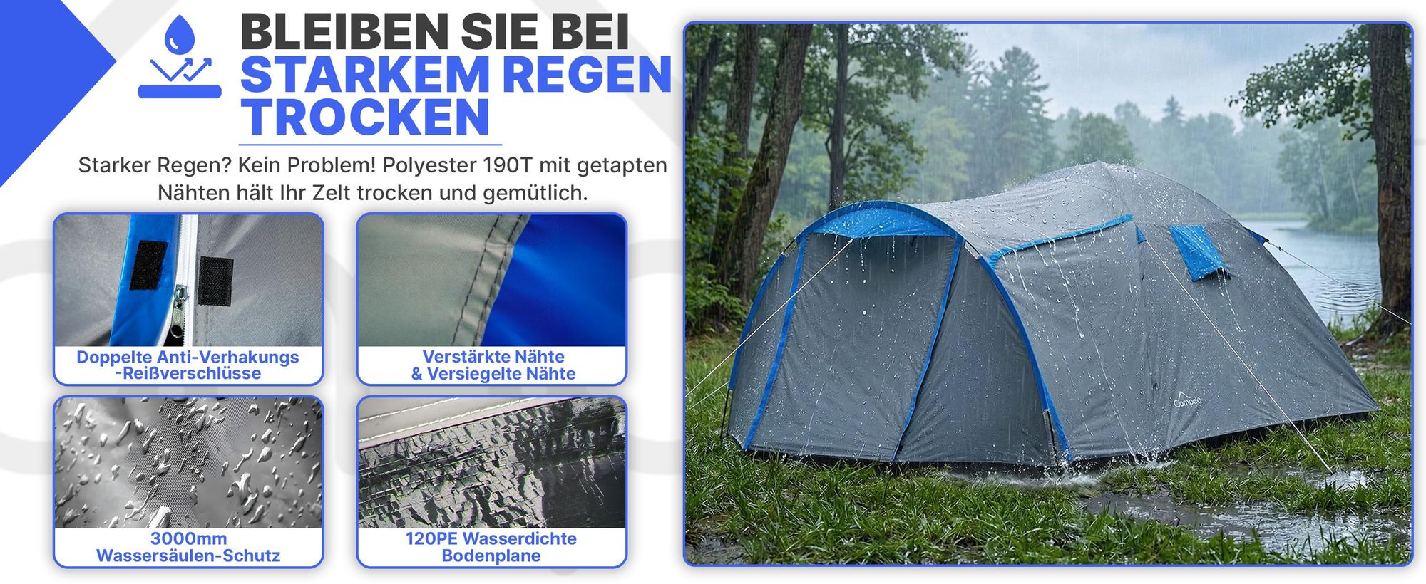 Campela Tropical 4 Familienzelt – 4-Personen-Touristenzelt mit Vorraum, wasserdicht 3000 mm, graues Polyester