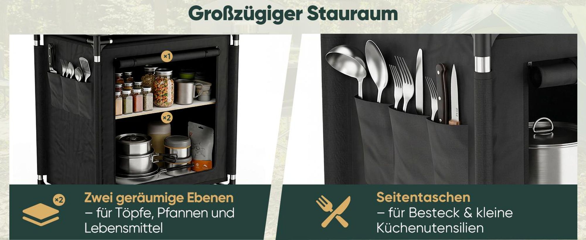 Sekey Campingküche Premium mit Aluminiumgestell und Aluminium-Arbeitsplatte Faltbar 76 x 52 x 77 cm, Schwarz