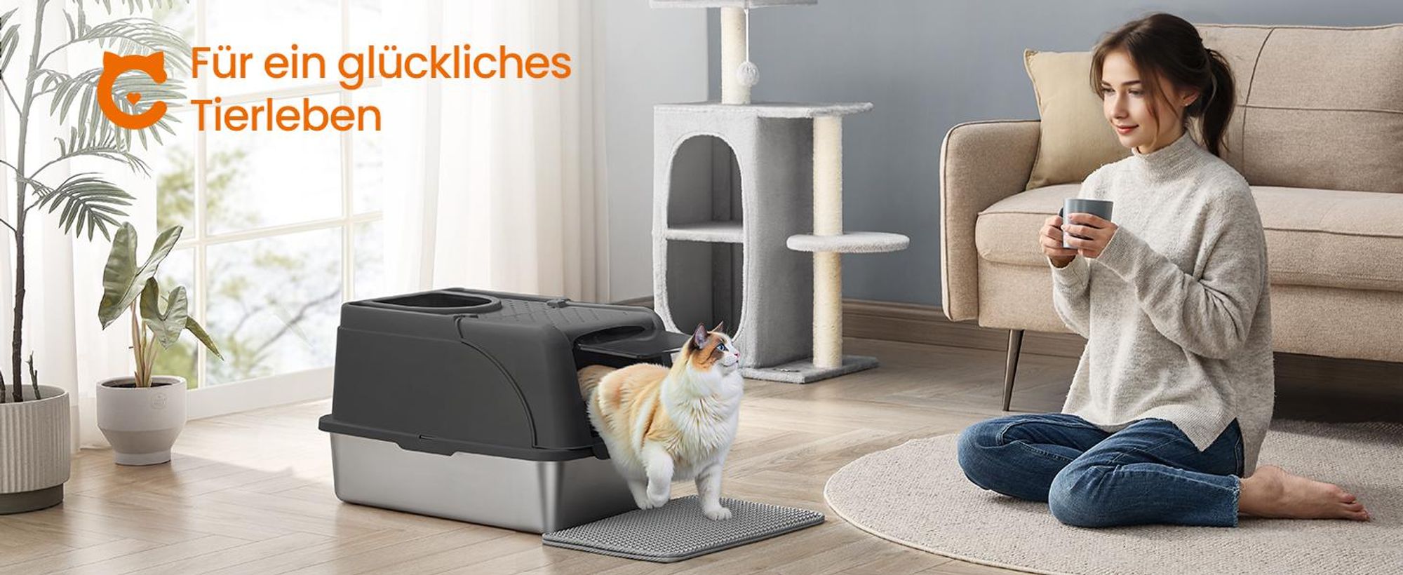 Feandrea Katzenklo Edelstahl, XL, Katzentoilette mit Deckel, mit Schaufel, Bürste und 2 Eingängen, für Katzen bis 15 kg, tintenschwarz