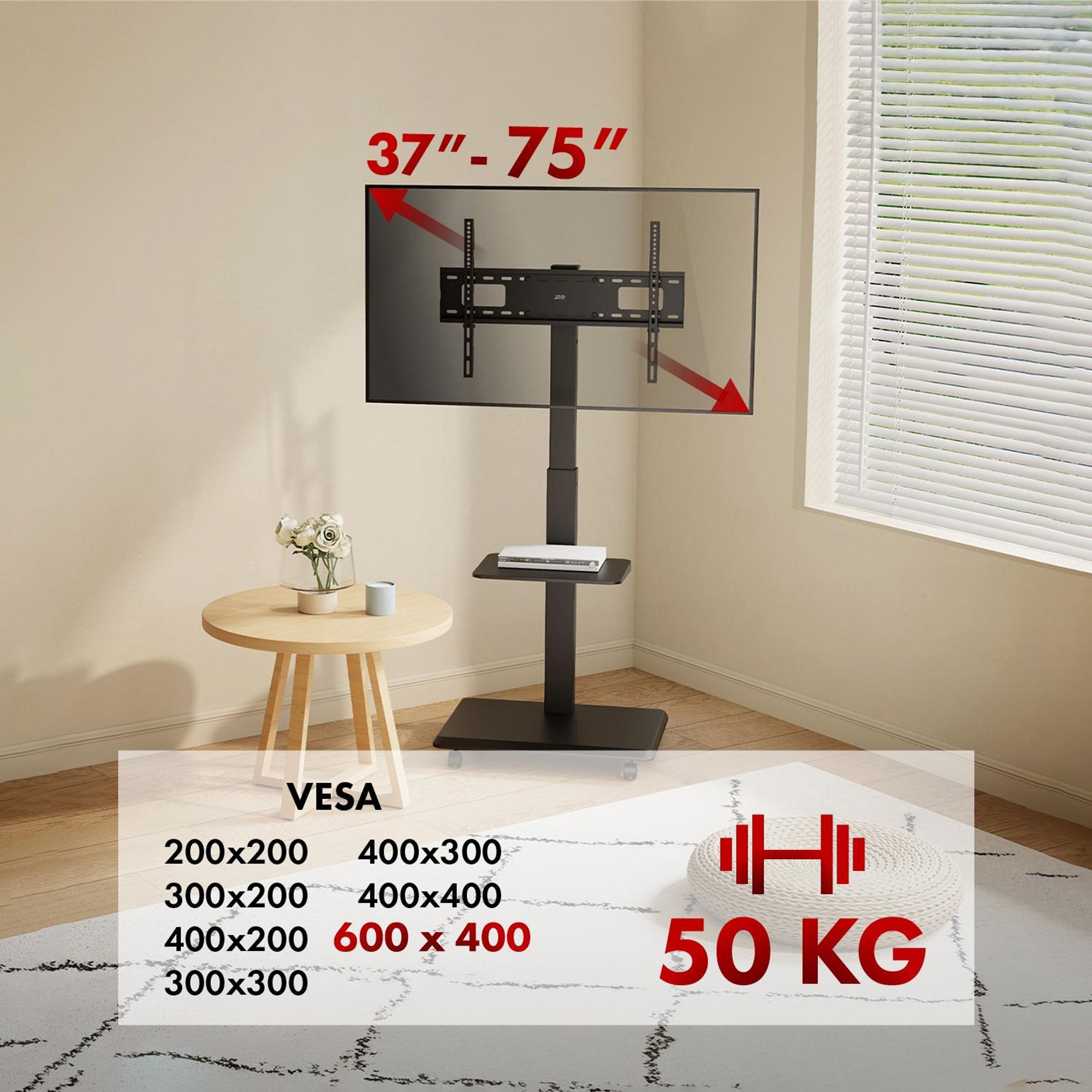 TV-Ständer / Wagen Ergo-Office Tragfähigkeit 50kg / 5kg Ablagefläche max. VESA 600x400 integrierte Steckdosenleiste schwarz ER-304 B