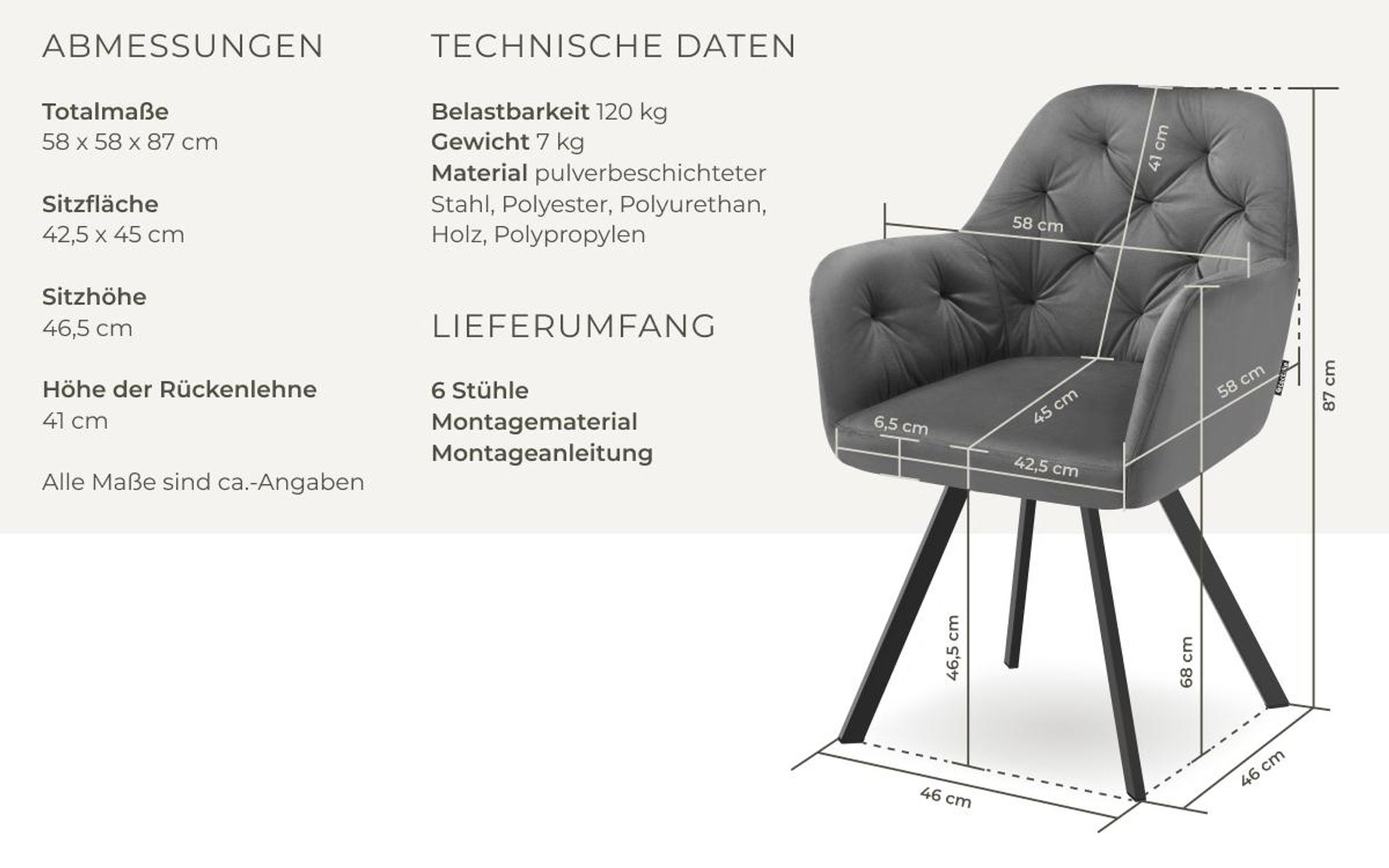 tectake® Drehbarer Samt-Armlehnstuhl Lucia gepolstert, mit Steppmuster 58 x 58 x 87 cm
