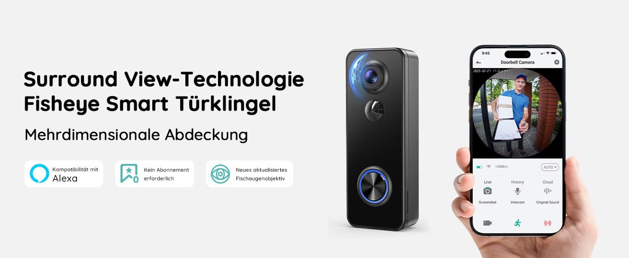 2K video deurbel met camera, Wi-Fi, batterij, 32GB opslag, 2,4GHz Wi-Fi, 180° ultrabreed gezichtsveld, draadloze deurbel