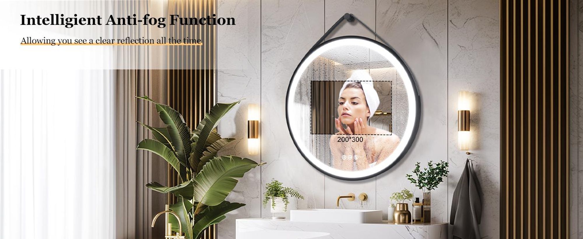 WISFOR LED Spiegel Rund 60cm, Badspiegel mit Beleuchtung Lederband Speicherfunktion Beschlagfrei