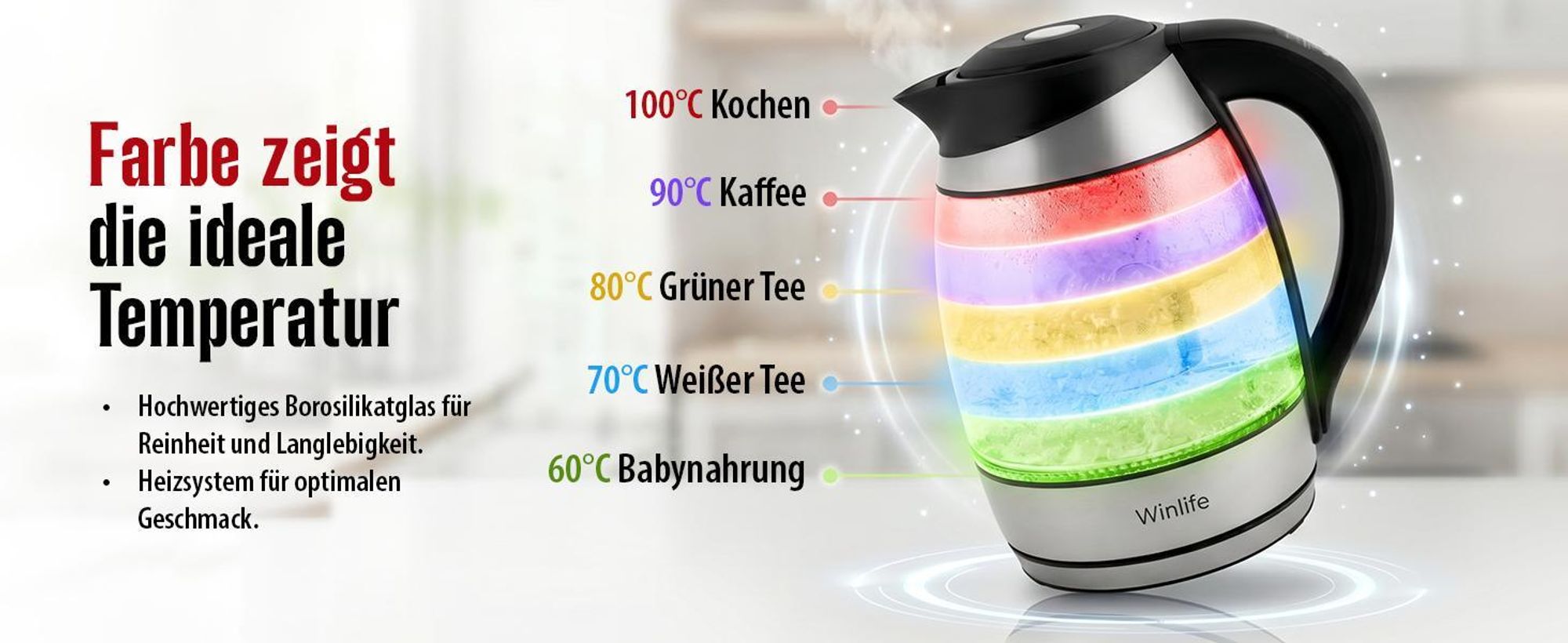 WINLIFE Glaswasserkocher Edelstahl 1,8 Liter Temperatureinstellung Temperaturwahl 60, 70, 80, 90, 100°C Farbwechsel LED| Teekessel Glaswasserkocher mit Warmhaltefunktion