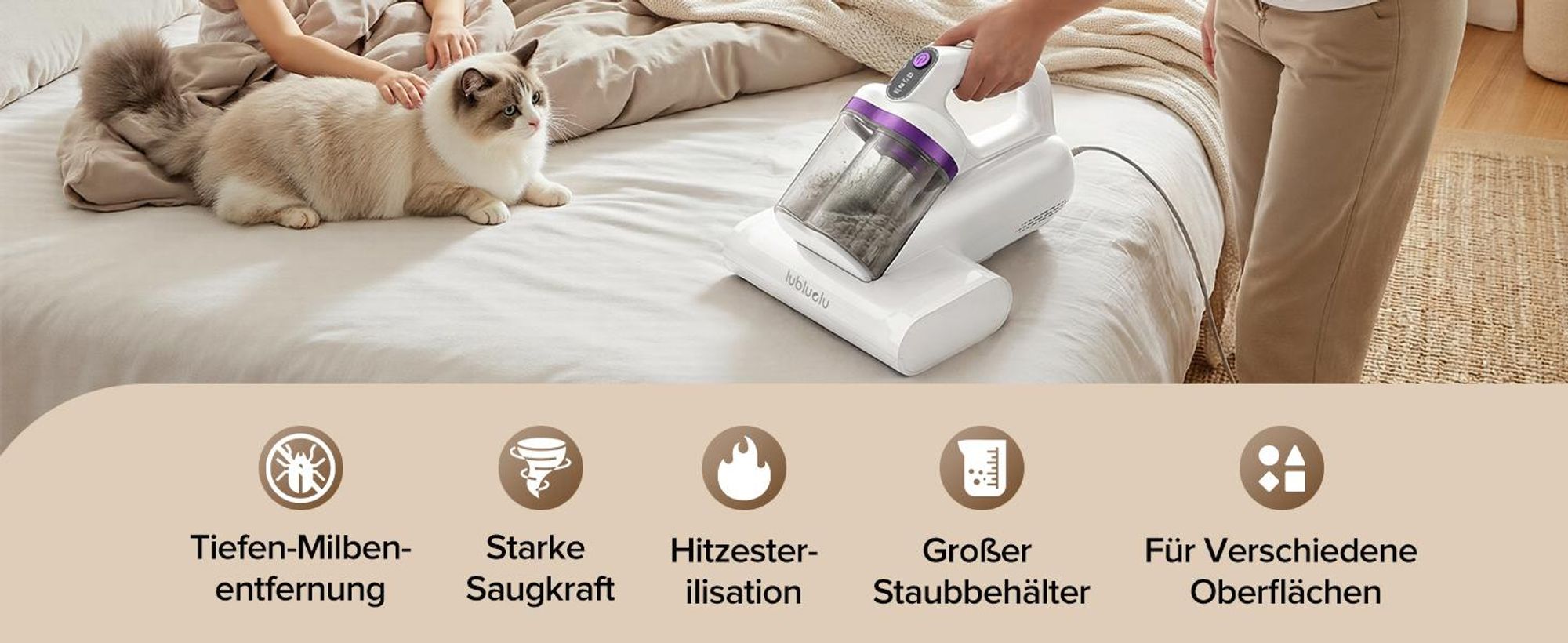 Lubluelu Milbensauger 3in1 für Matratzen, 18KPa Starke Saugleistung, Matratzenreiniger gegen Milben, Staub und Allergene, Handstaubsauger für Bett