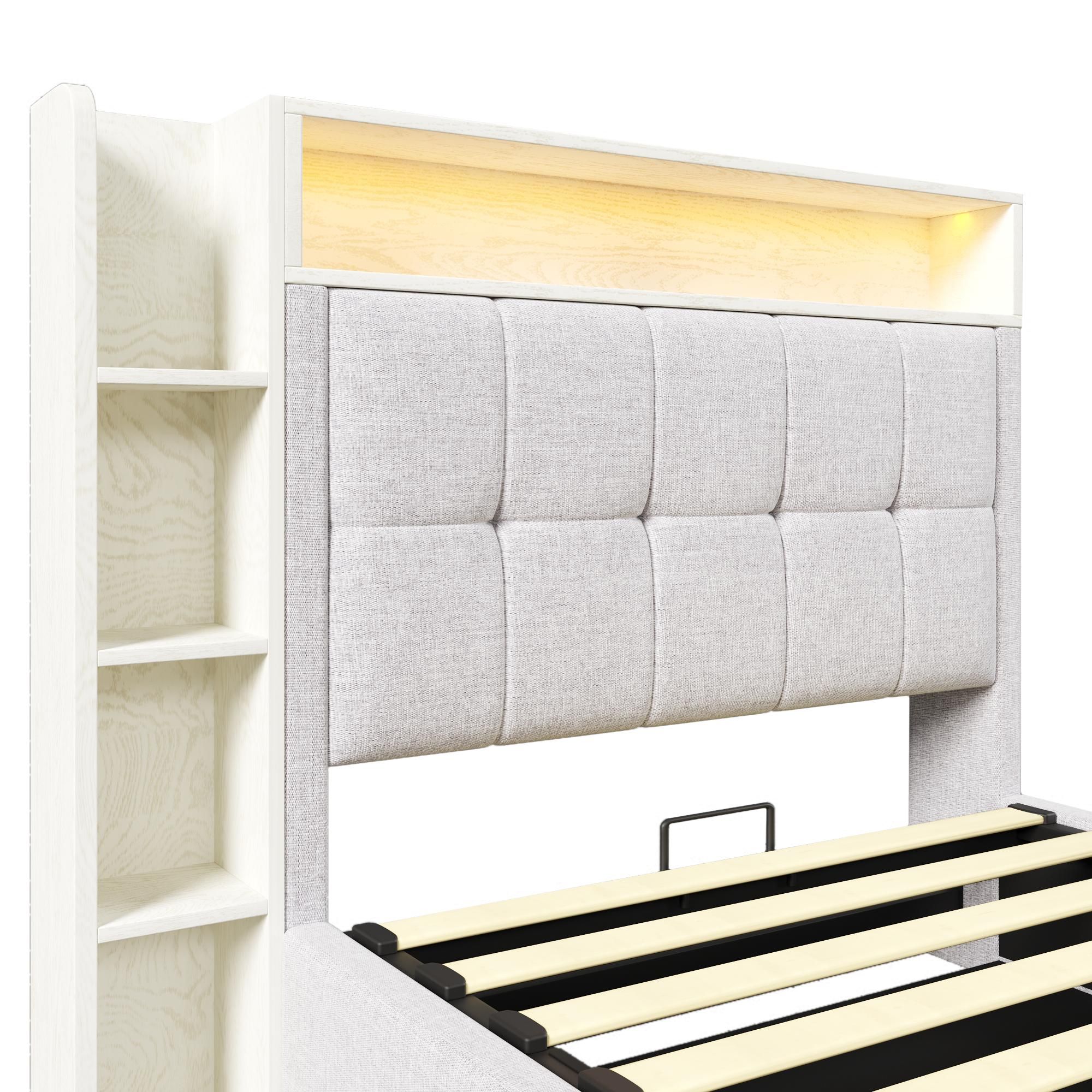 Merax Polsterbett 90x200cm, Einzelbett mit Gepolstertes Kopfteil Regale, USB, Typ-C, LED, Hydraulischem Stauraum, Kinderbett, Flachbett, Leinen, Beige