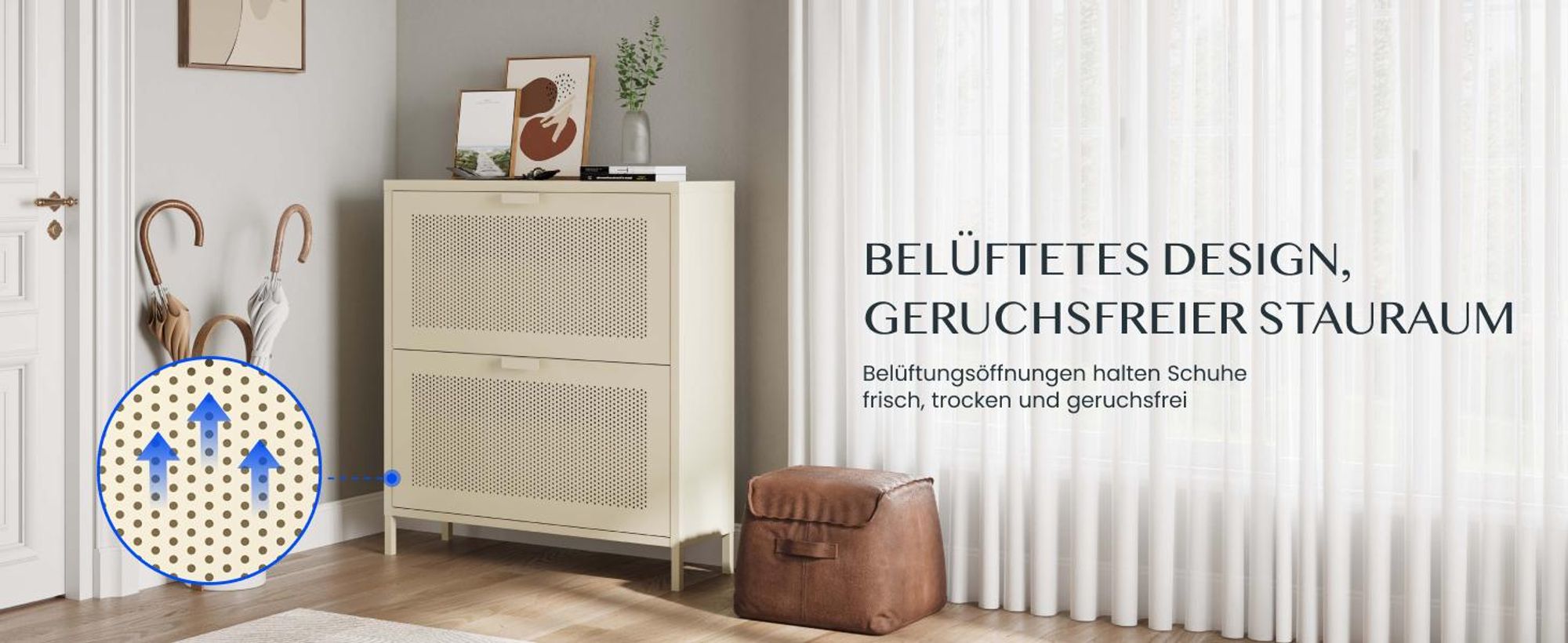 FLEXISPOT Schuhschrank Metall mit 2 Klappen, platzsparender Schuhkipper mit Belüftungslöchern, stabile Stahlkonstruktion, Cremegelb