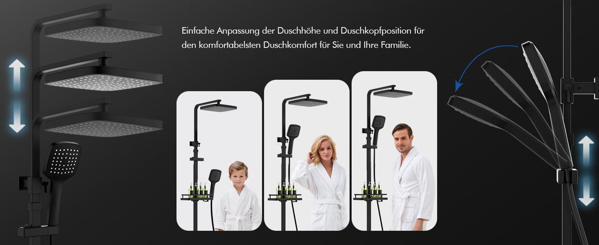 Homelody Duschsystem mit 38 °C Thermostat Edelstahl & Regal, Duscharmatur Set mit Handbrause & Kopfbrause, 3 Strahlarten, Höhenverstellbar, Schwarz
